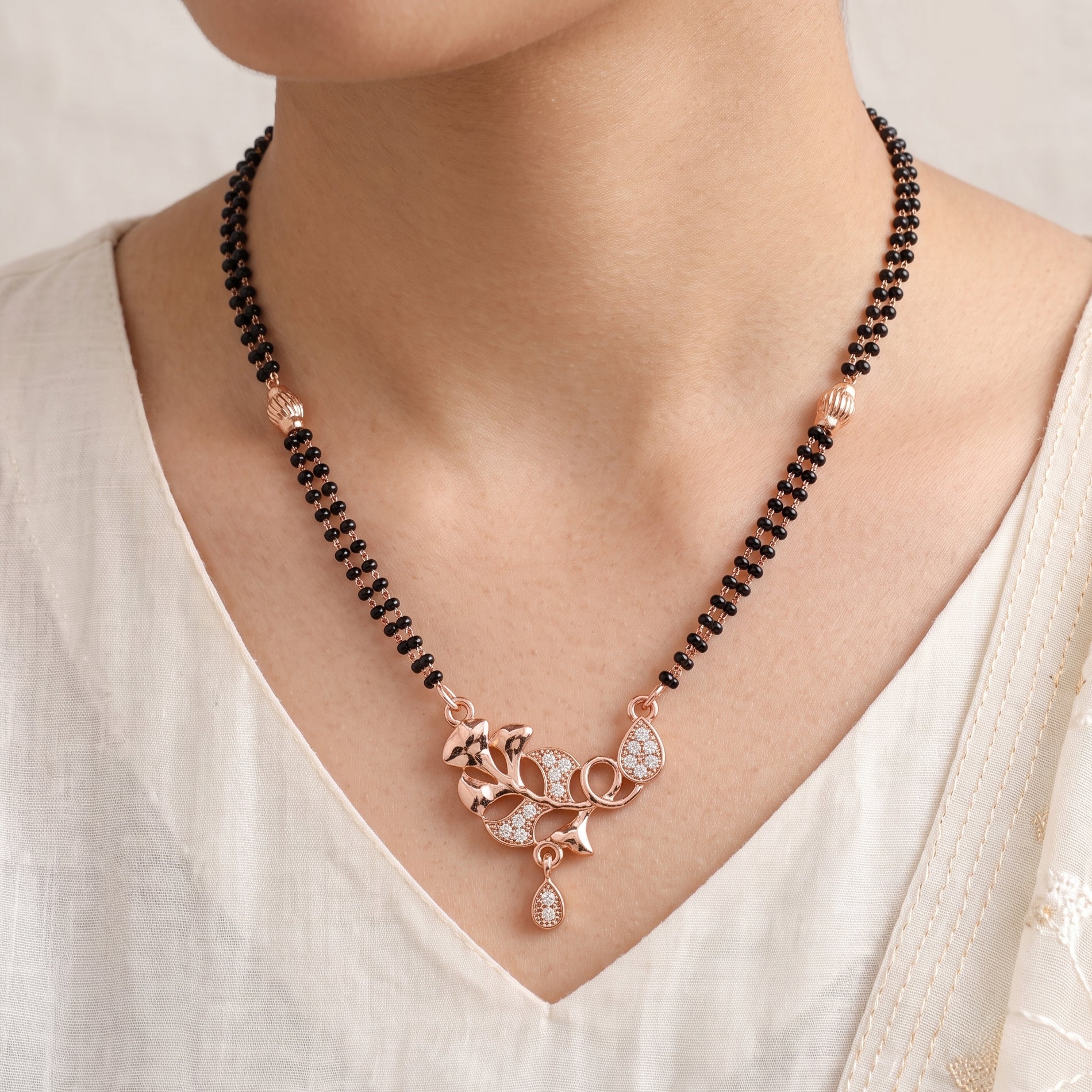 Roselle Vine – Premium Women's Rose Gold Floral Mangalsutra Necklace