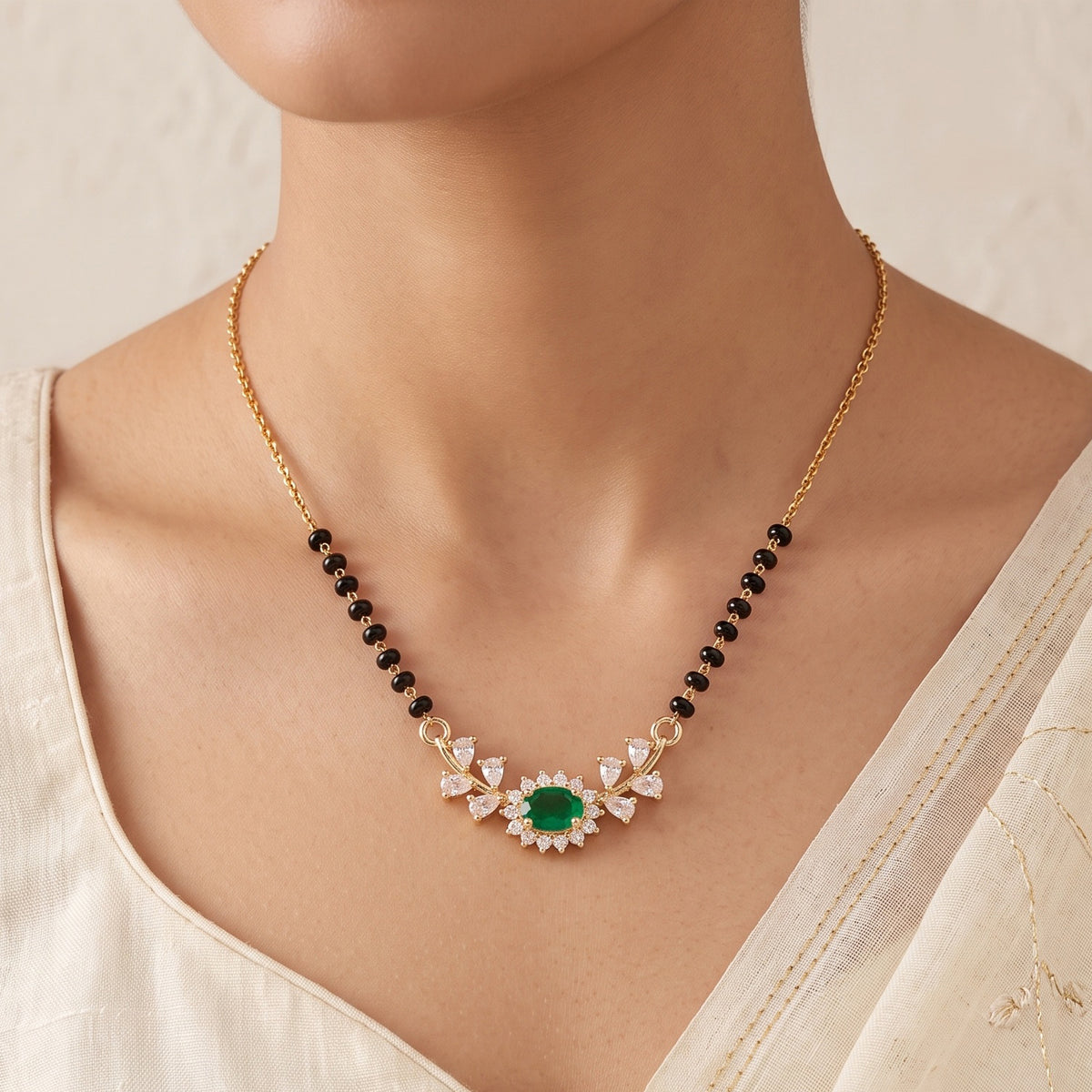 Emerald Bloom – Premium Floral Mangalsutra in Gold-Tone Finish