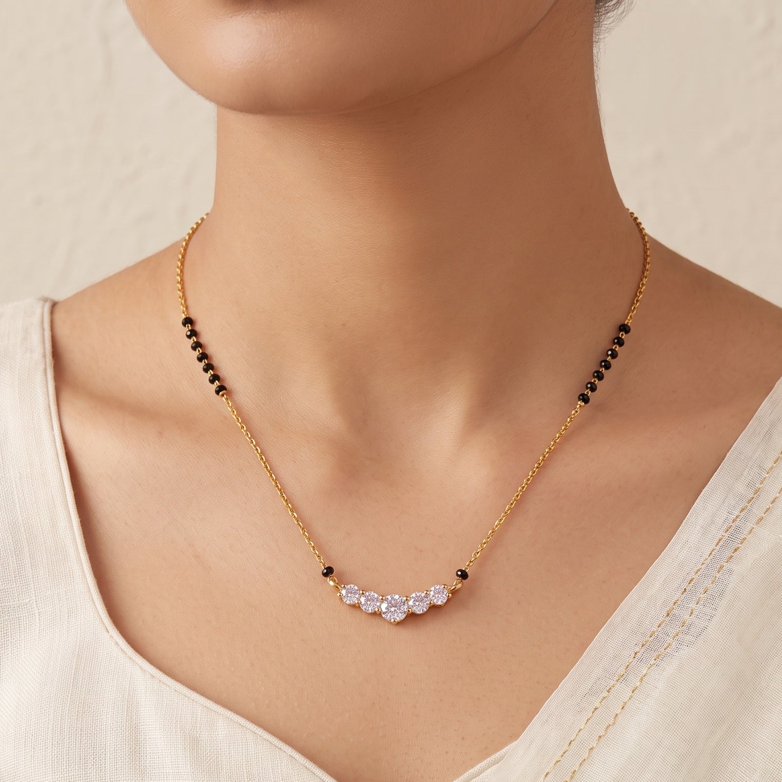 Celeste Curve – Premium Women’s Gold-Tone Mangalsutra with Black Beads