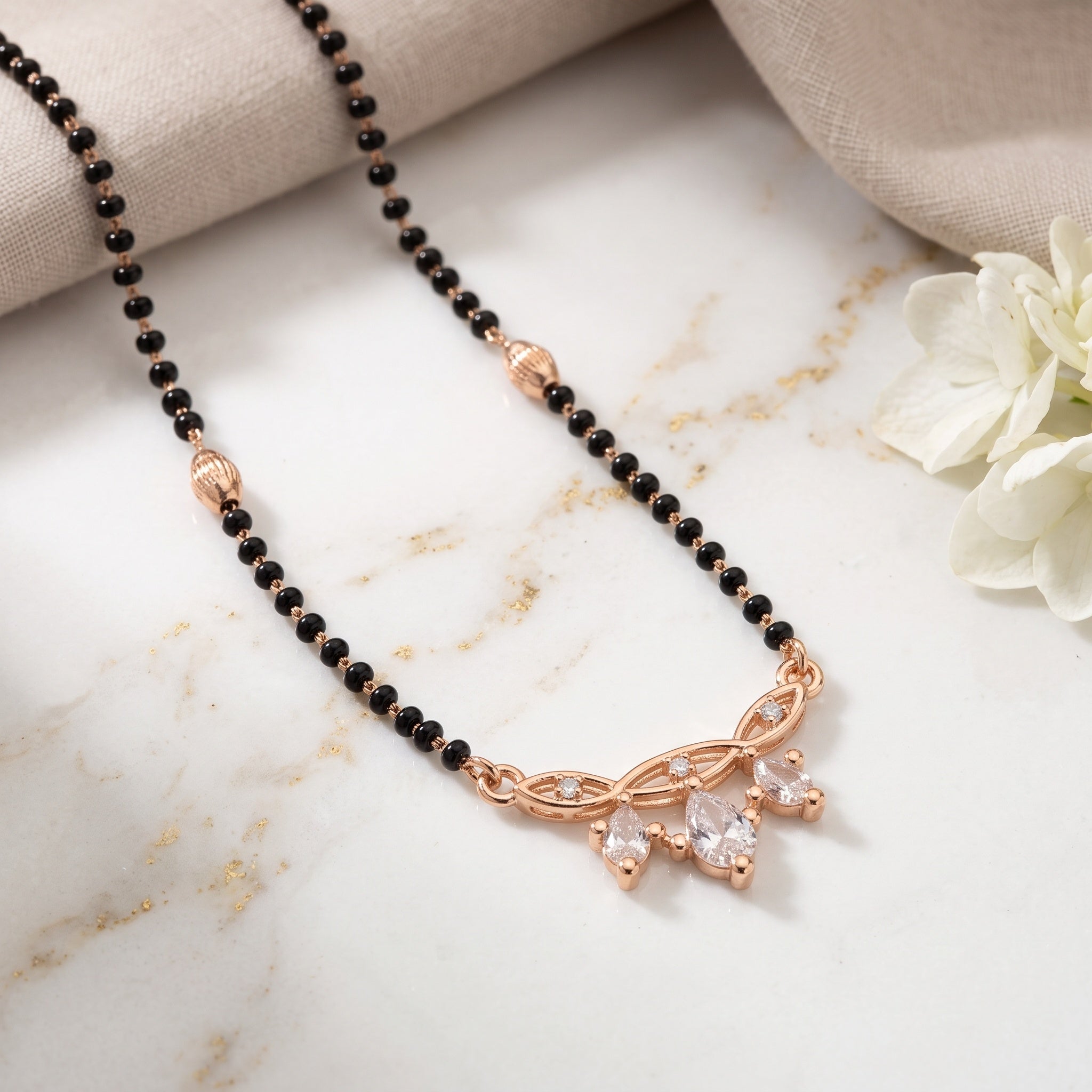 Lustre Bloom – Premium Rose Gold Pear-Cut CZ Mangalsutra for Women