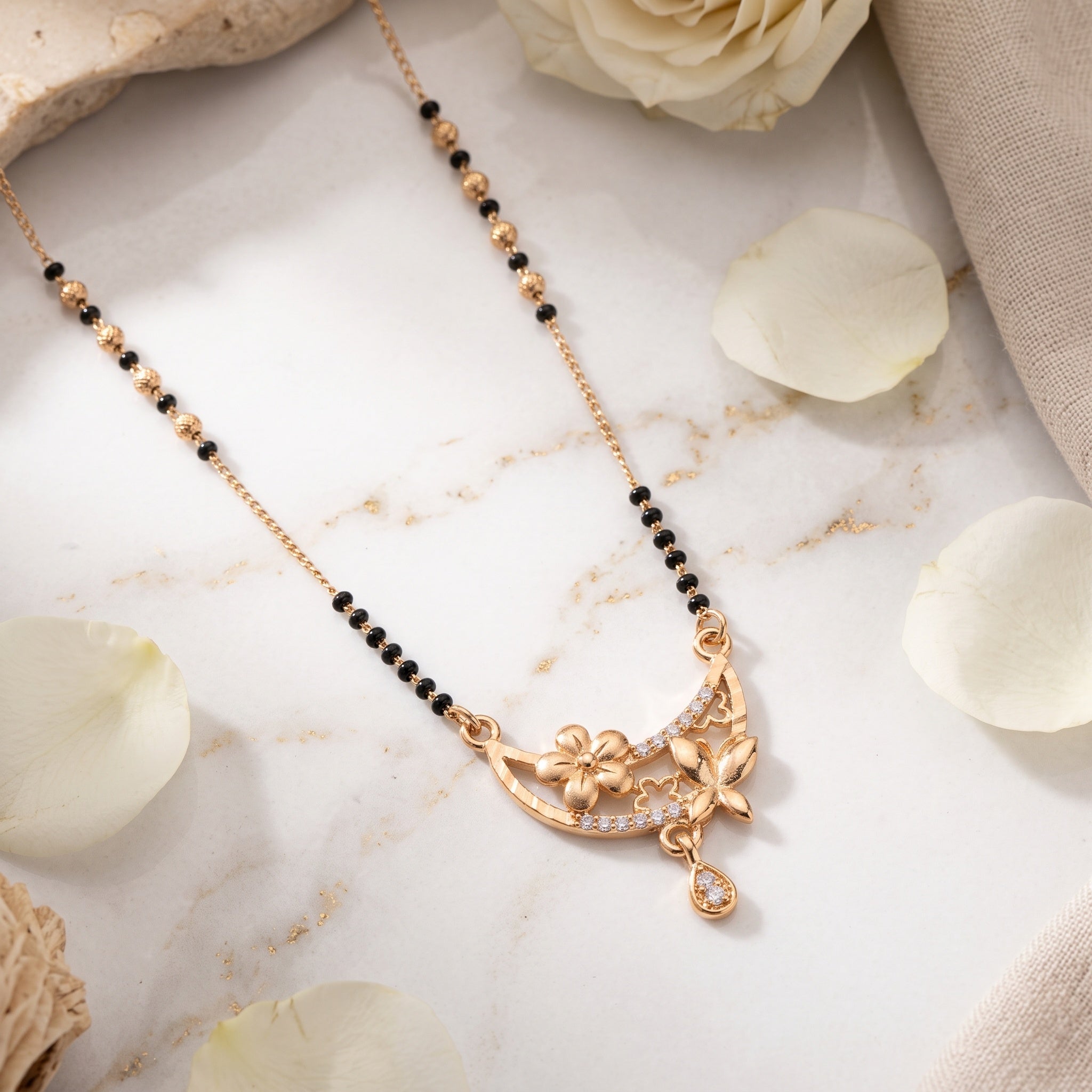 Flora Crescent – Premium Rose Gold Floral Mangalsutra for Women