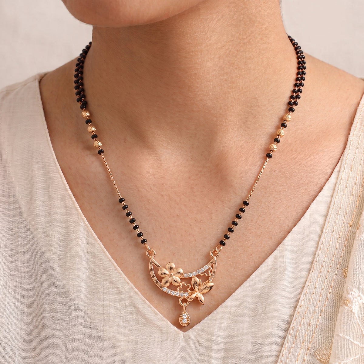 Flora Crescent – Premium Rose Gold Floral Mangalsutra for Women
