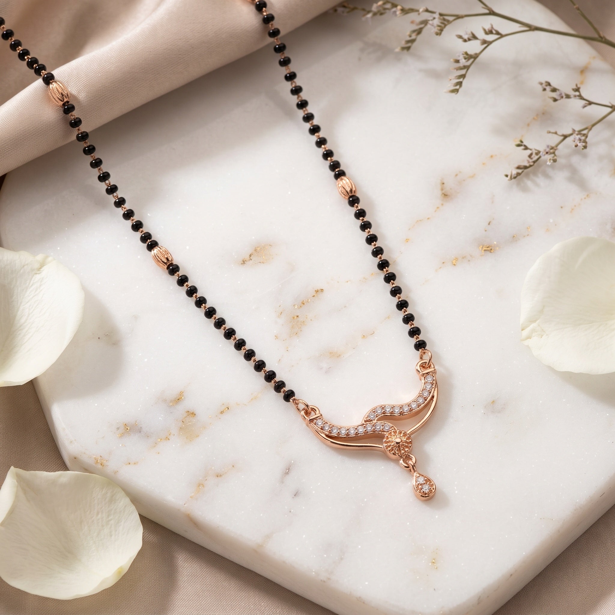 Serene Curve – Premium Rose Gold CZ Designer Mangalsutra for Women