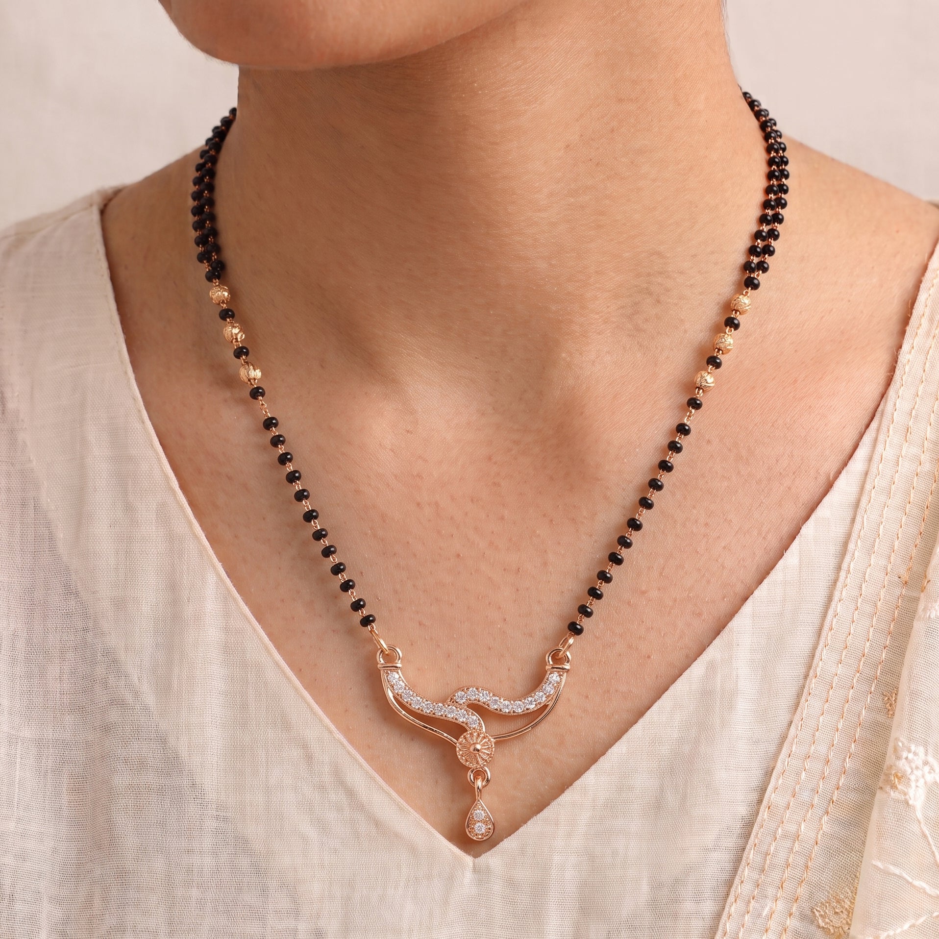 Serene Curve – Premium Rose Gold CZ Designer Mangalsutra for Women