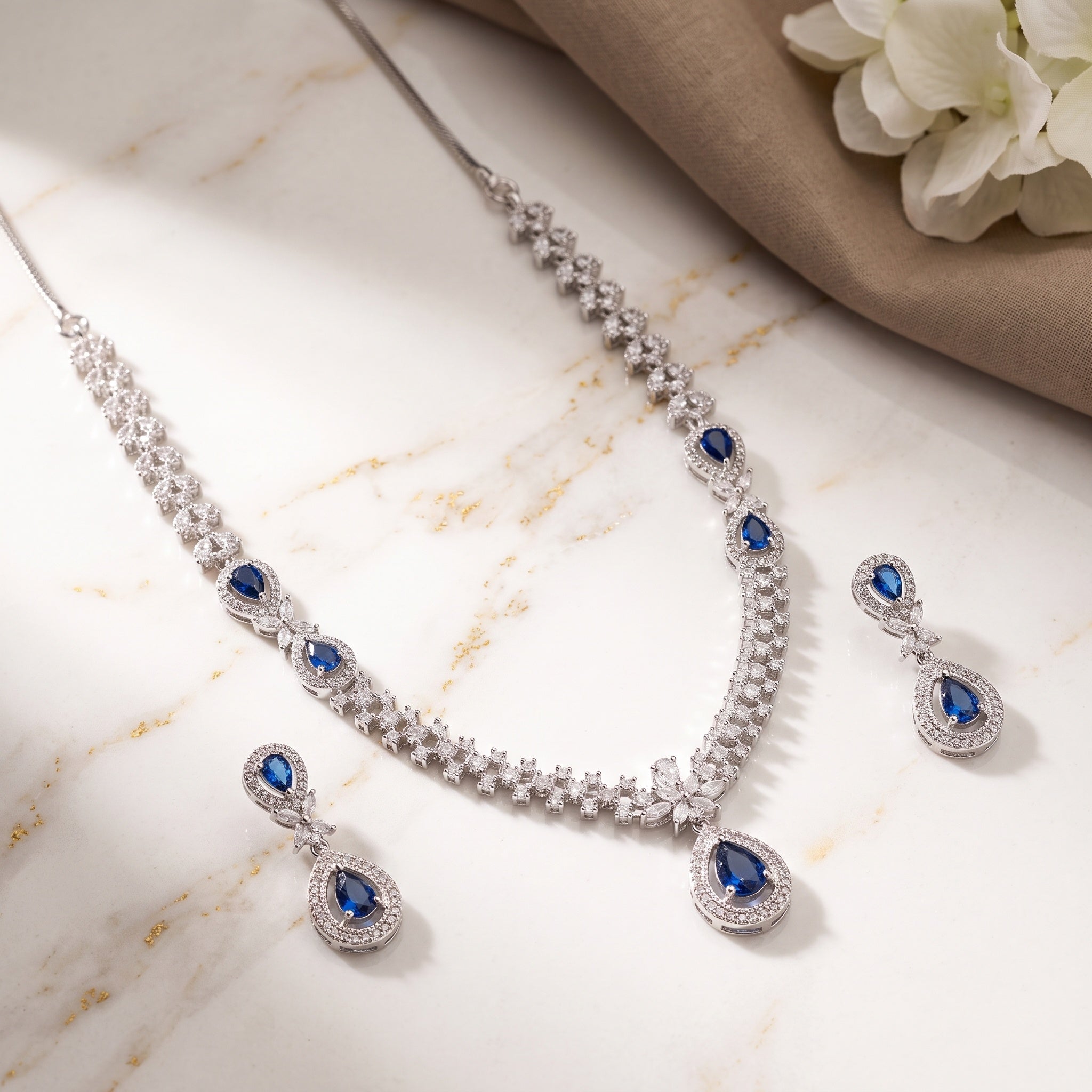 Sapphire Reverie – Premium Women’s Necklace & Earrings Set in Silver Finish