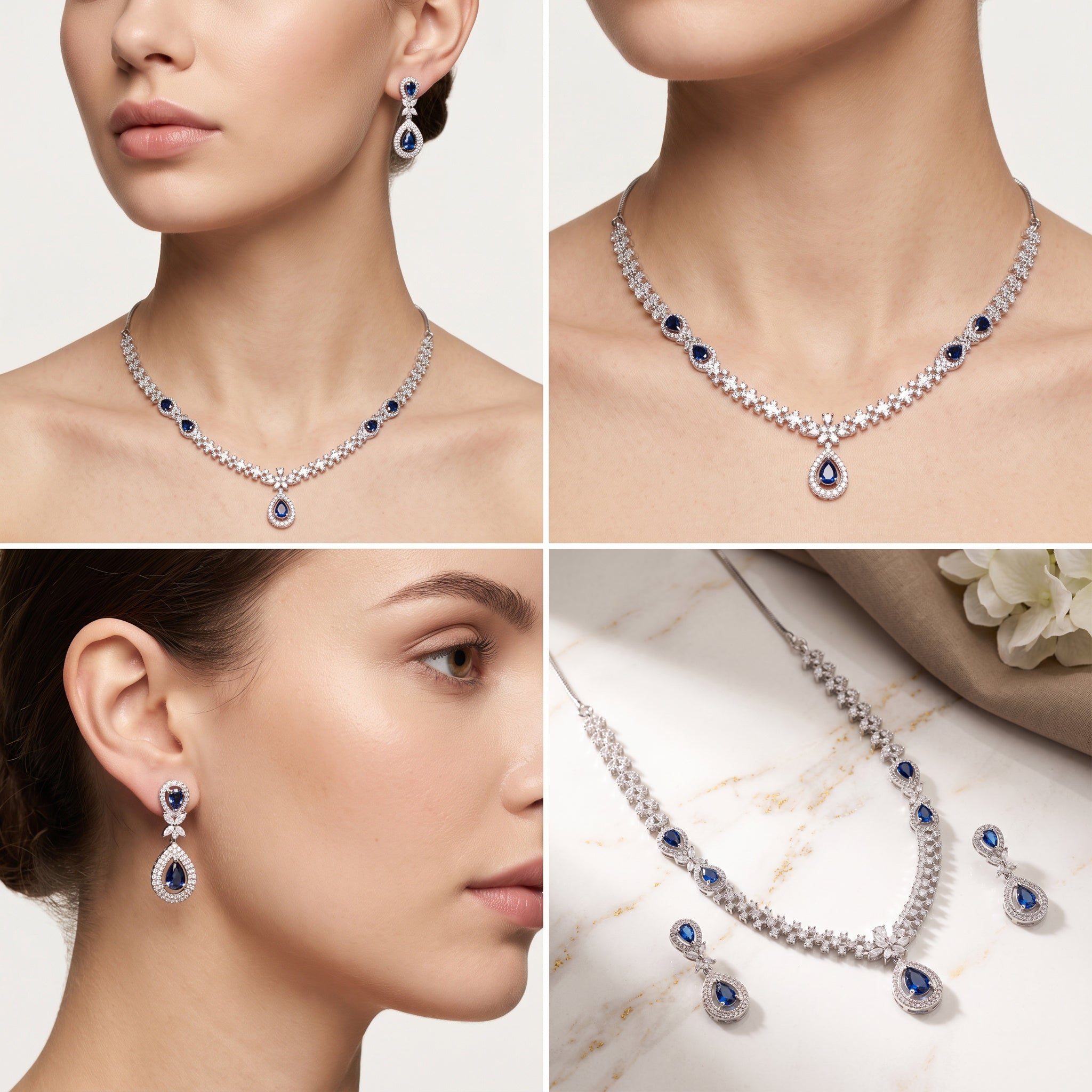 Sapphire Reverie – Premium Women’s Necklace & Earrings Set in Silver Finish