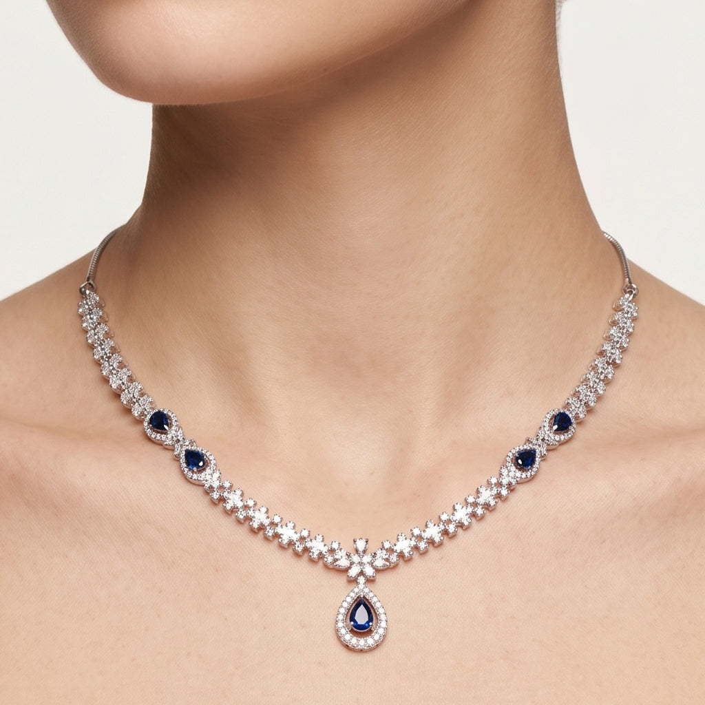 Sapphire Reverie – Premium Women’s Necklace & Earrings Set in Silver Finish