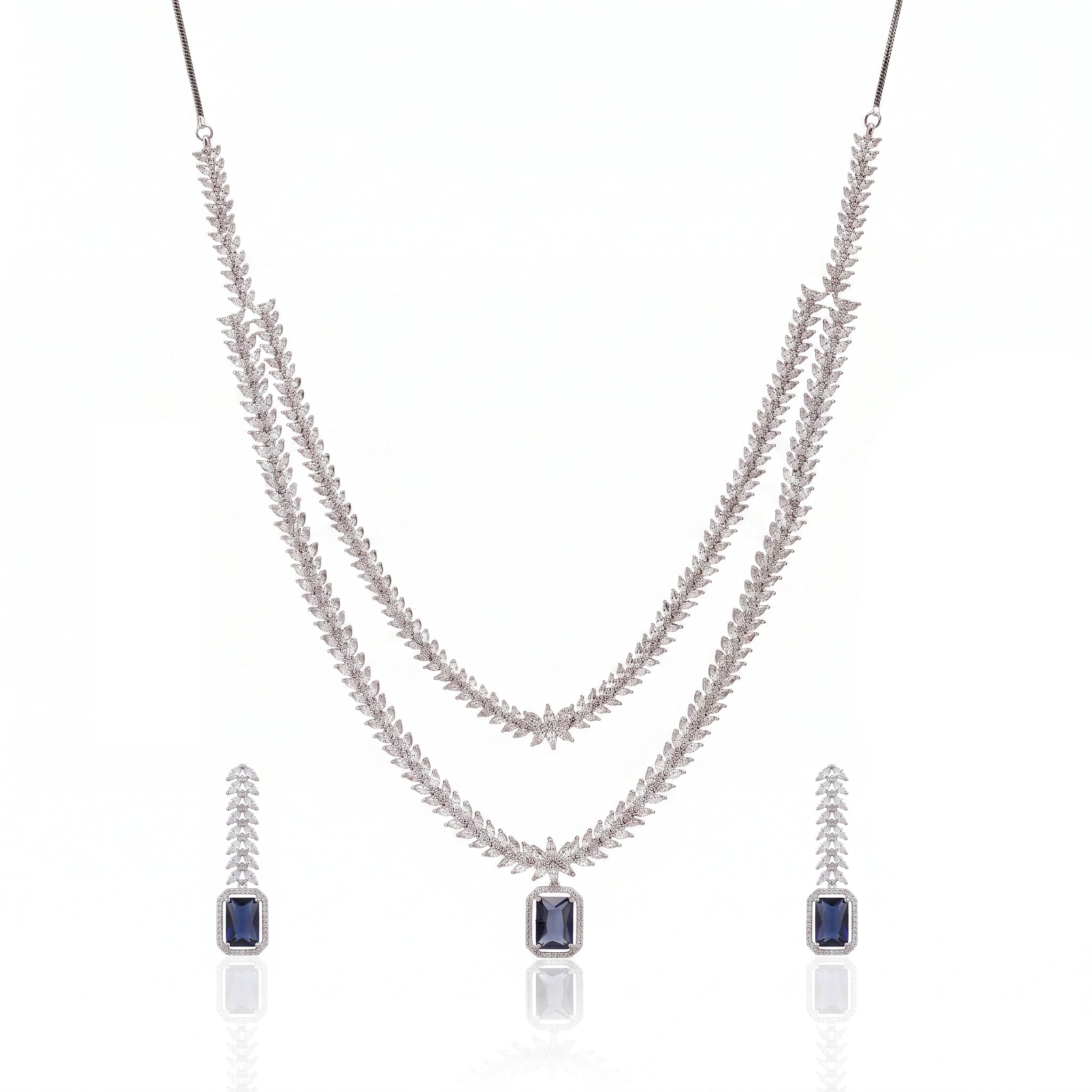 Sapphire Cascade – Premium Women’s Necklace & Earring Set in Silver Finish