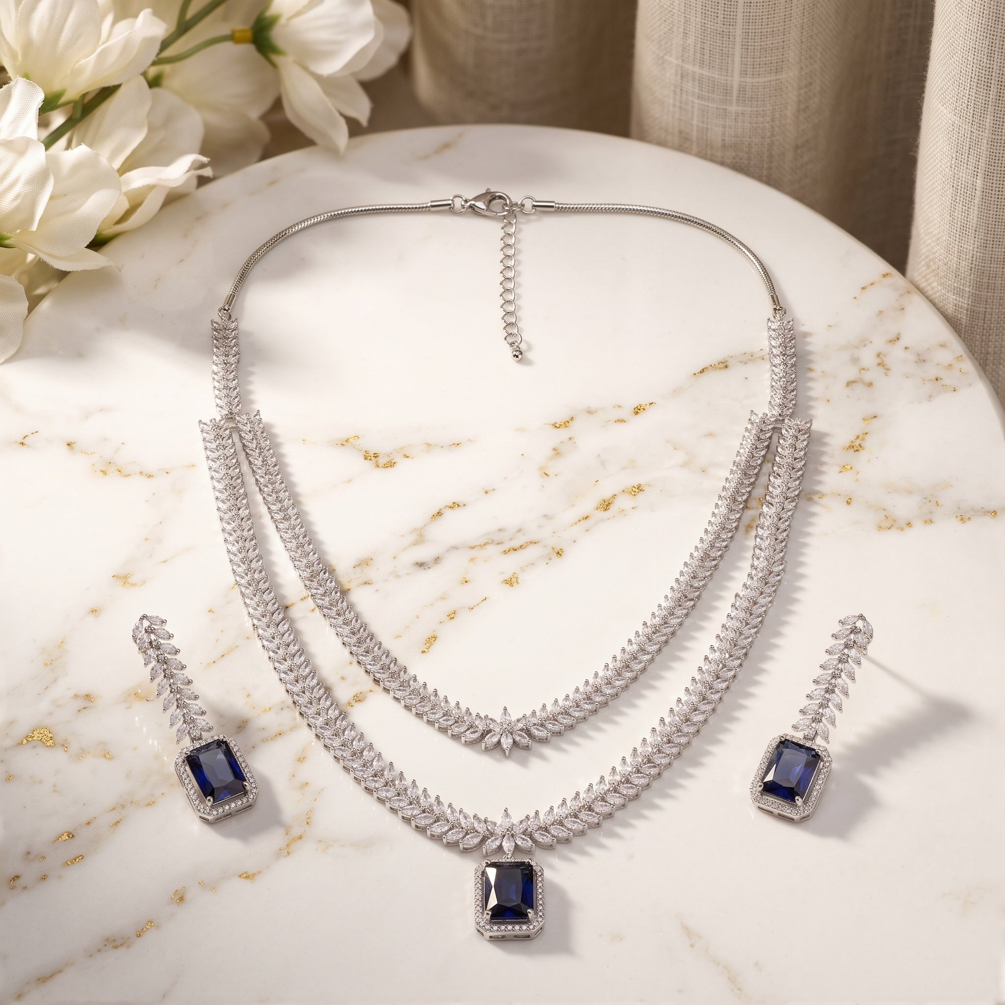 Sapphire Cascade – Premium Women’s Necklace & Earring Set in Silver Finish