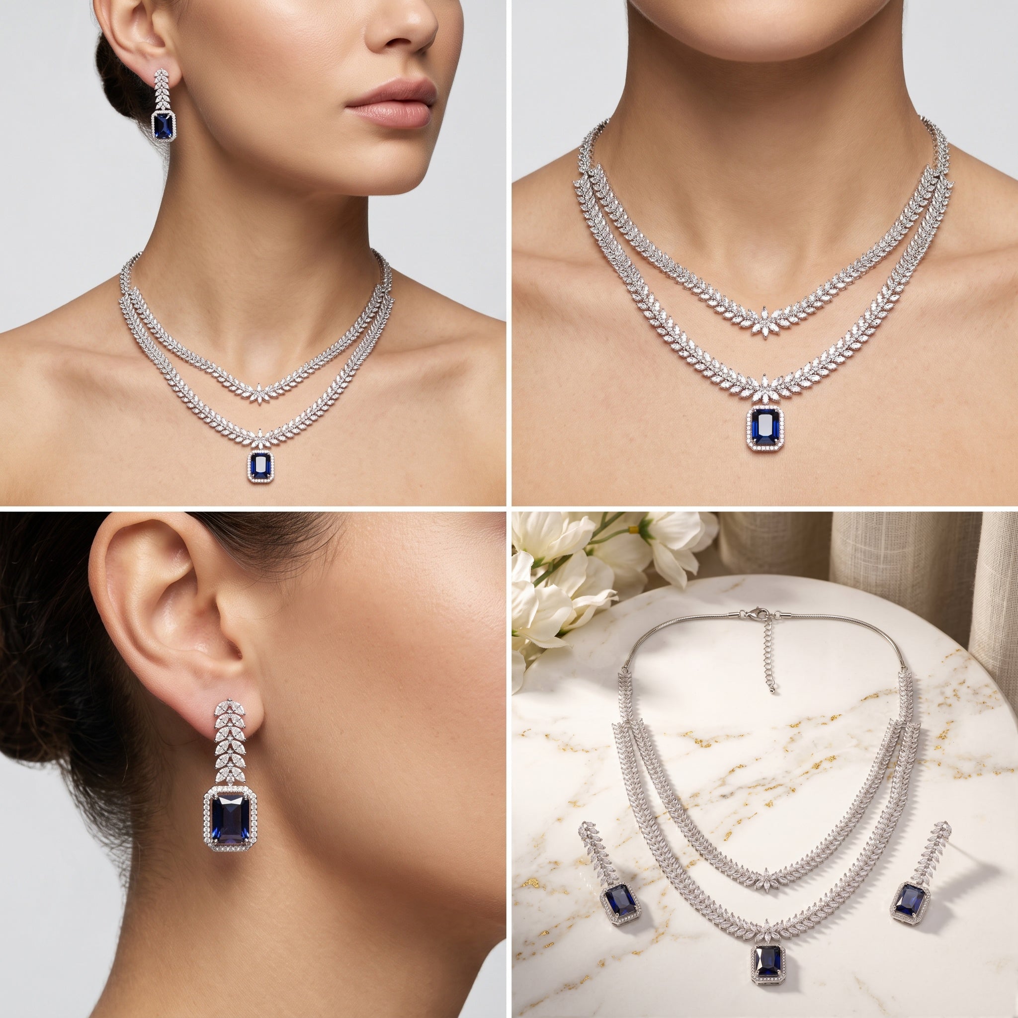 Sapphire Cascade – Premium Women’s Necklace & Earring Set in Silver Finish