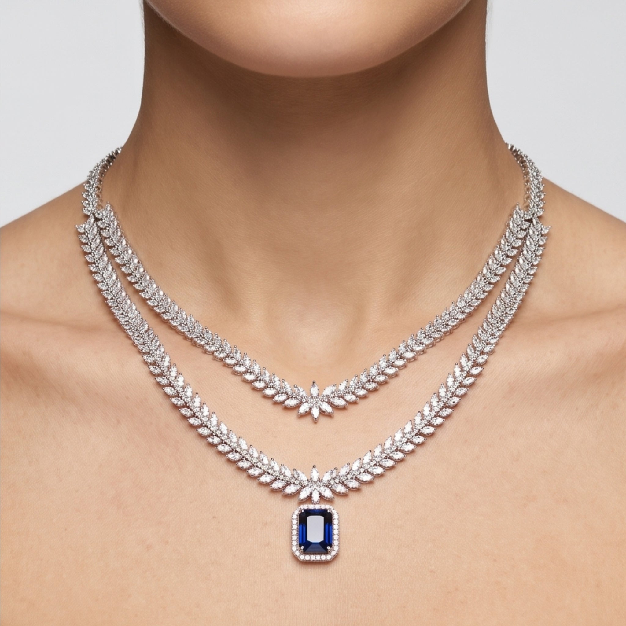 Sapphire Cascade – Premium Women’s Necklace & Earring Set in Silver Finish