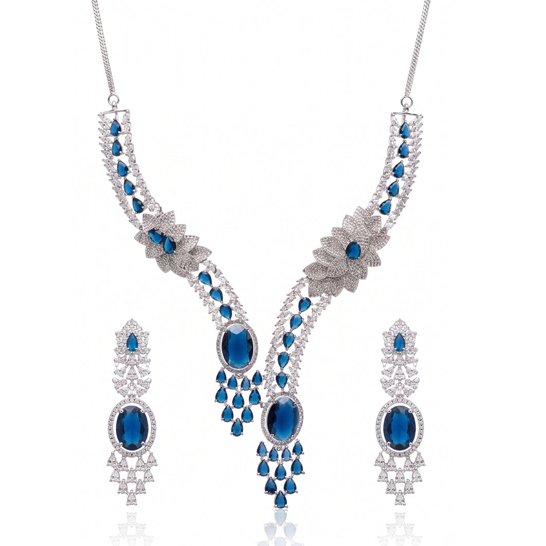 Royal Sapphire Bloom – Premium Women's Silver Rhodium Statement Necklace & Earrings Set