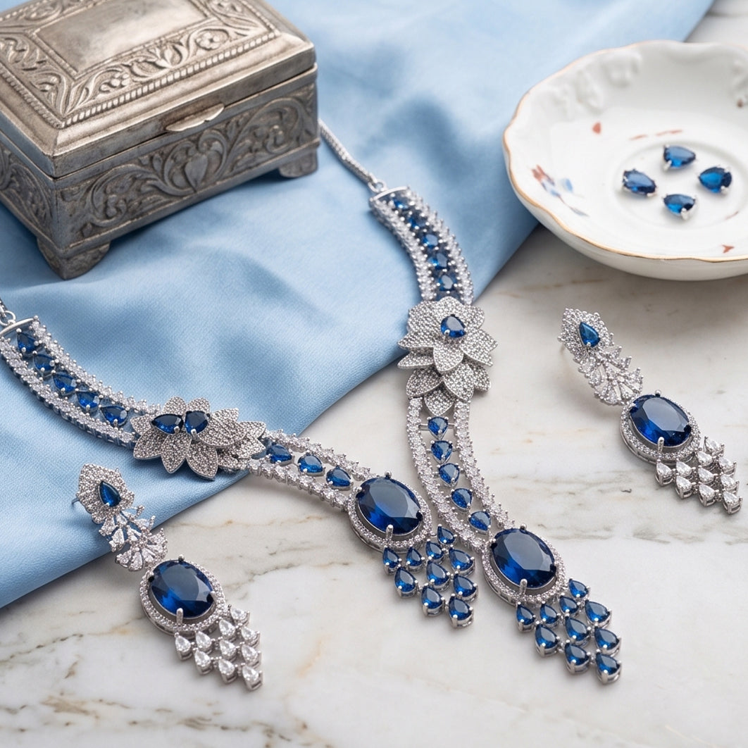Royal Sapphire Bloom – Premium Women's Silver Rhodium Statement Necklace & Earrings Set