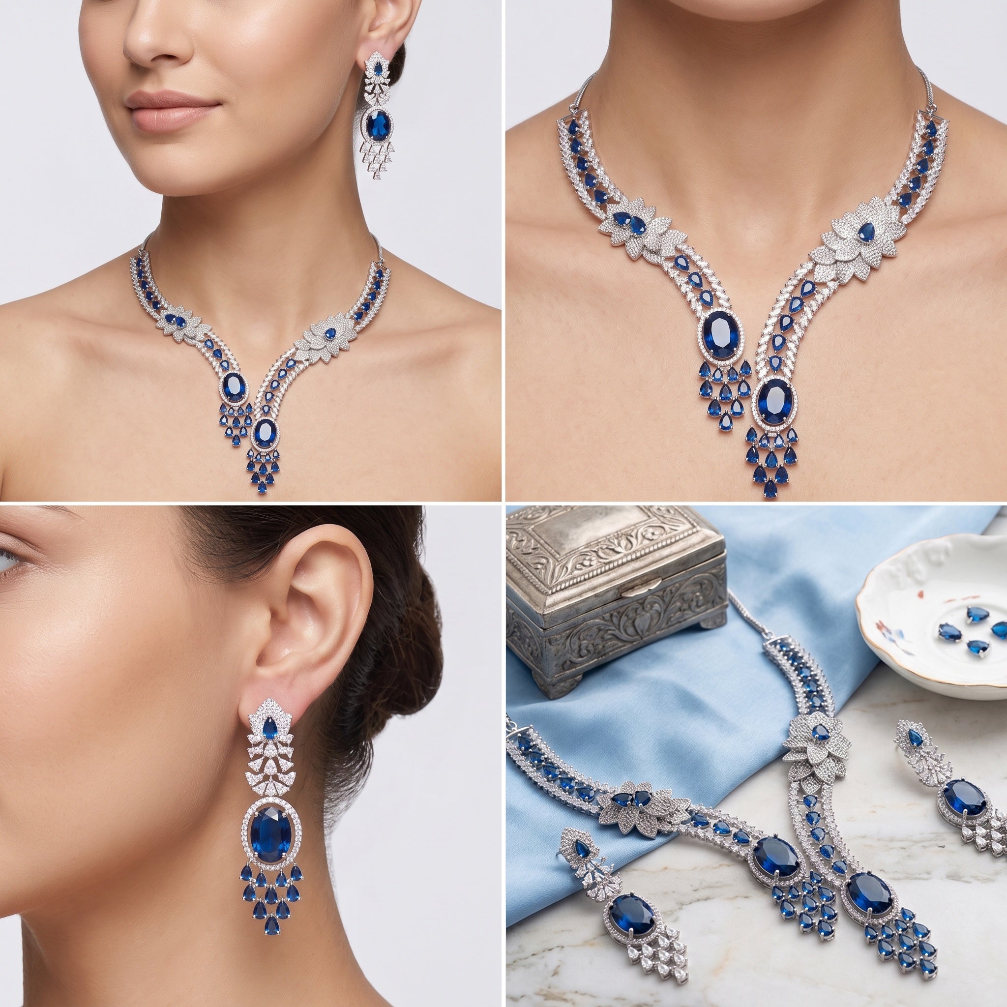 Royal Sapphire Bloom – Premium Women's Silver Rhodium Statement Necklace & Earrings Set