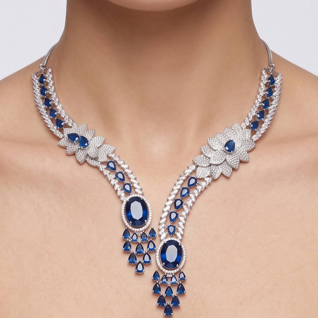 Royal Sapphire Bloom – Premium Women's Silver Rhodium Statement Necklace & Earrings Set
