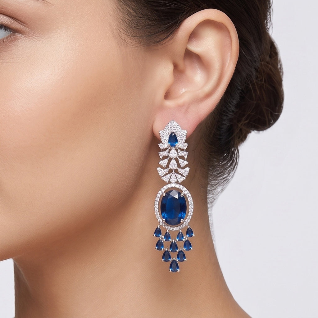 Royal Sapphire Bloom – Premium Women's Silver Rhodium Statement Necklace & Earrings Set