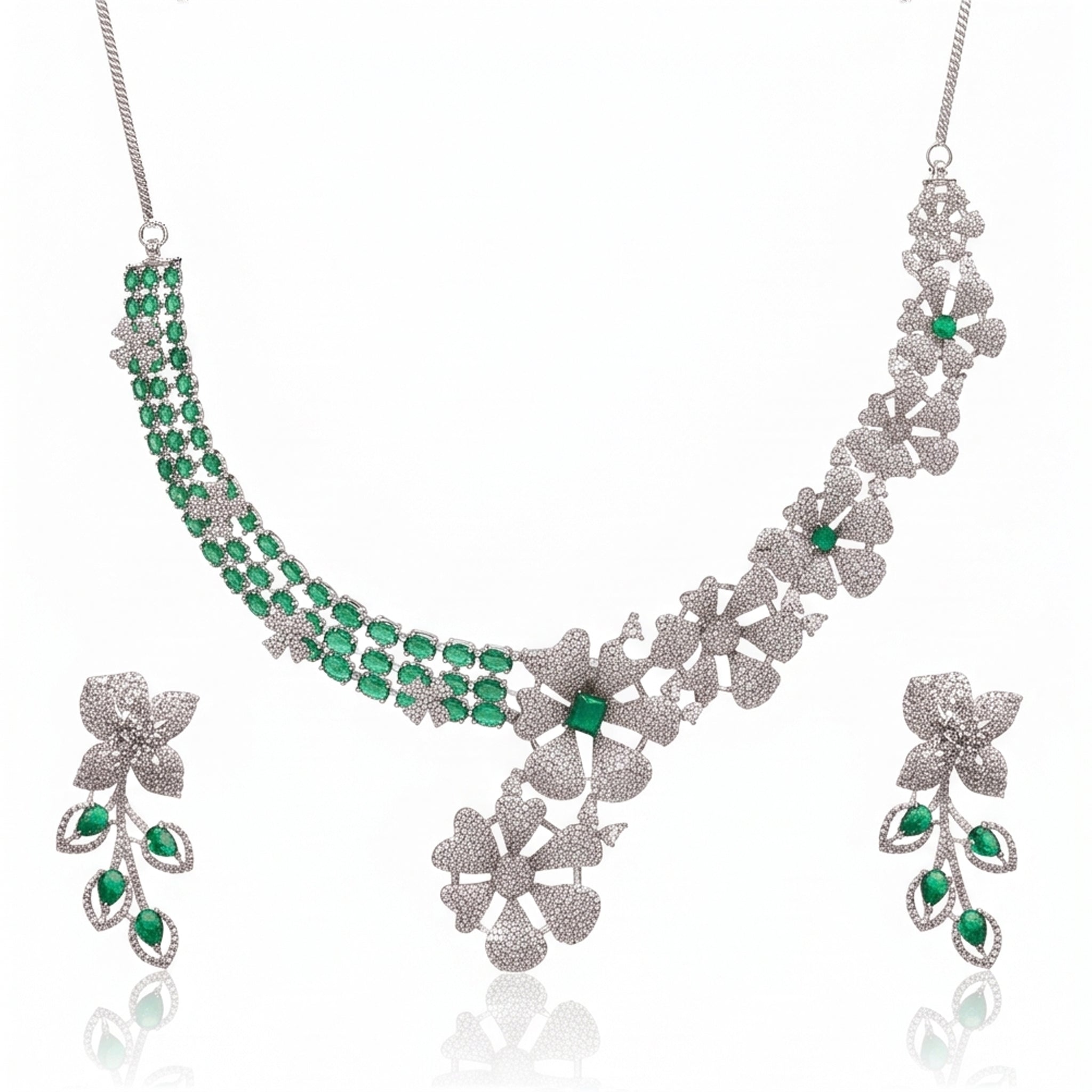 Emerald Bloom – Premium Women’s Floral Pavé Statement Necklace in Silver Finish