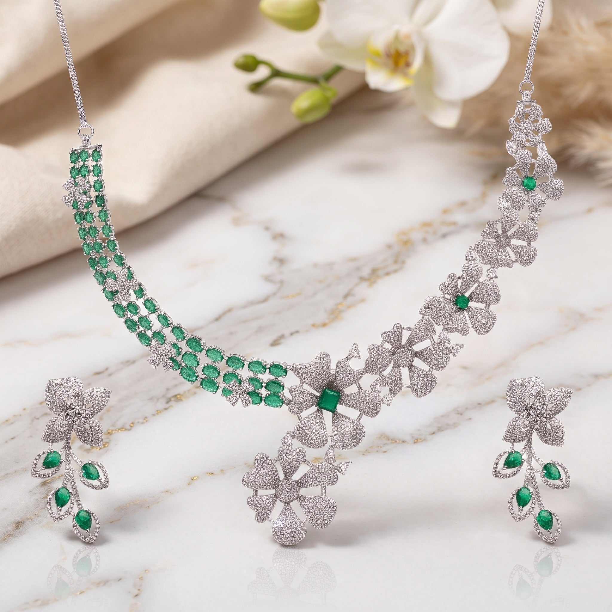 Emerald Bloom – Premium Women’s Floral Pavé Statement Necklace in Silver Finish