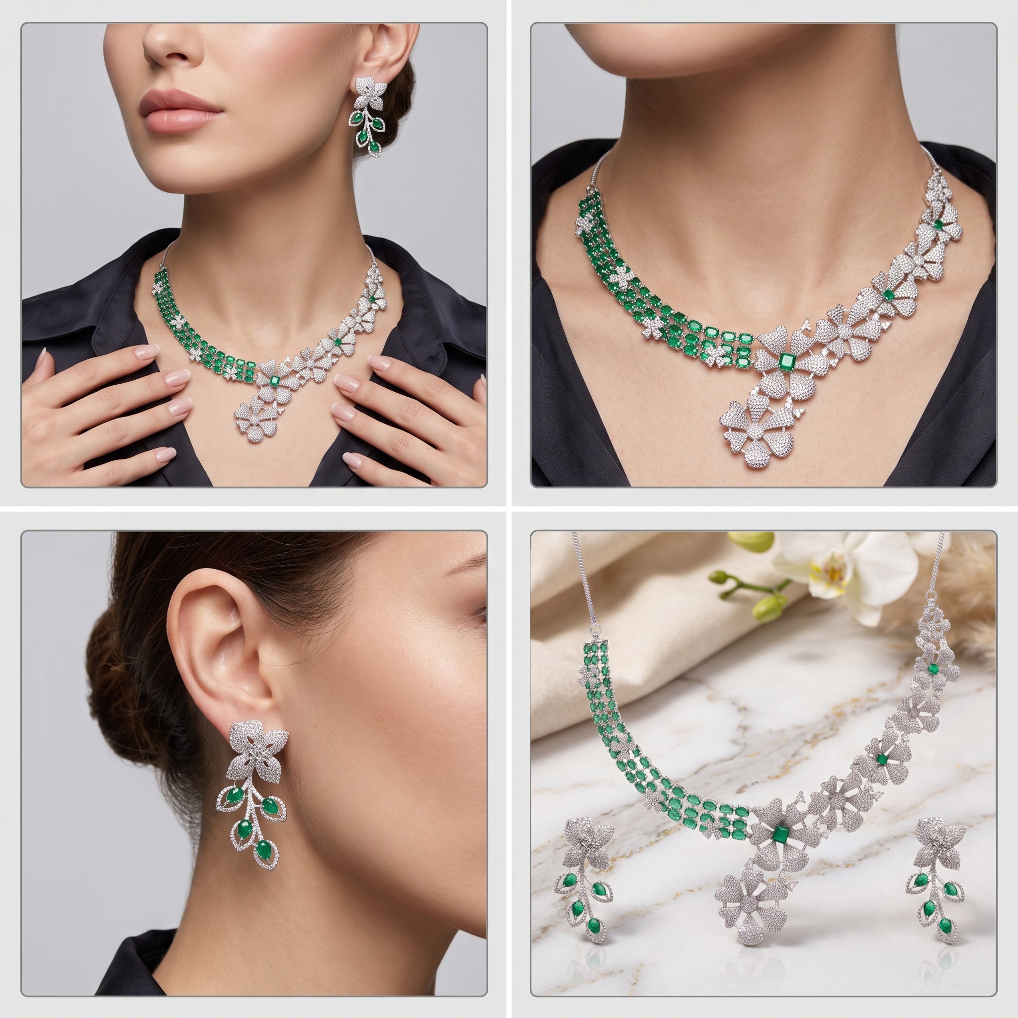 Emerald Bloom – Premium Women’s Floral Pavé Statement Necklace in Silver Finish