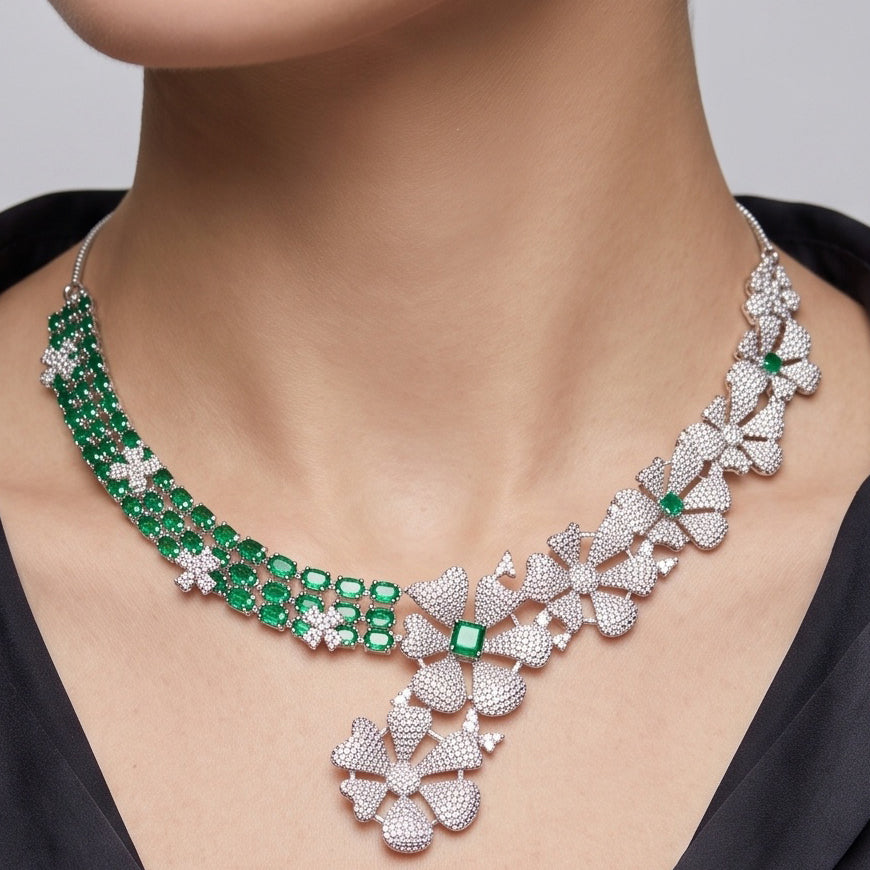 Emerald Bloom – Premium Women’s Floral Pavé Statement Necklace in Silver Finish