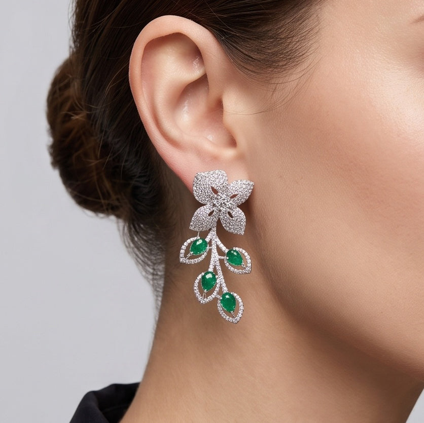 Emerald Bloom – Premium Women’s Floral Pavé Statement Necklace in Silver Finish