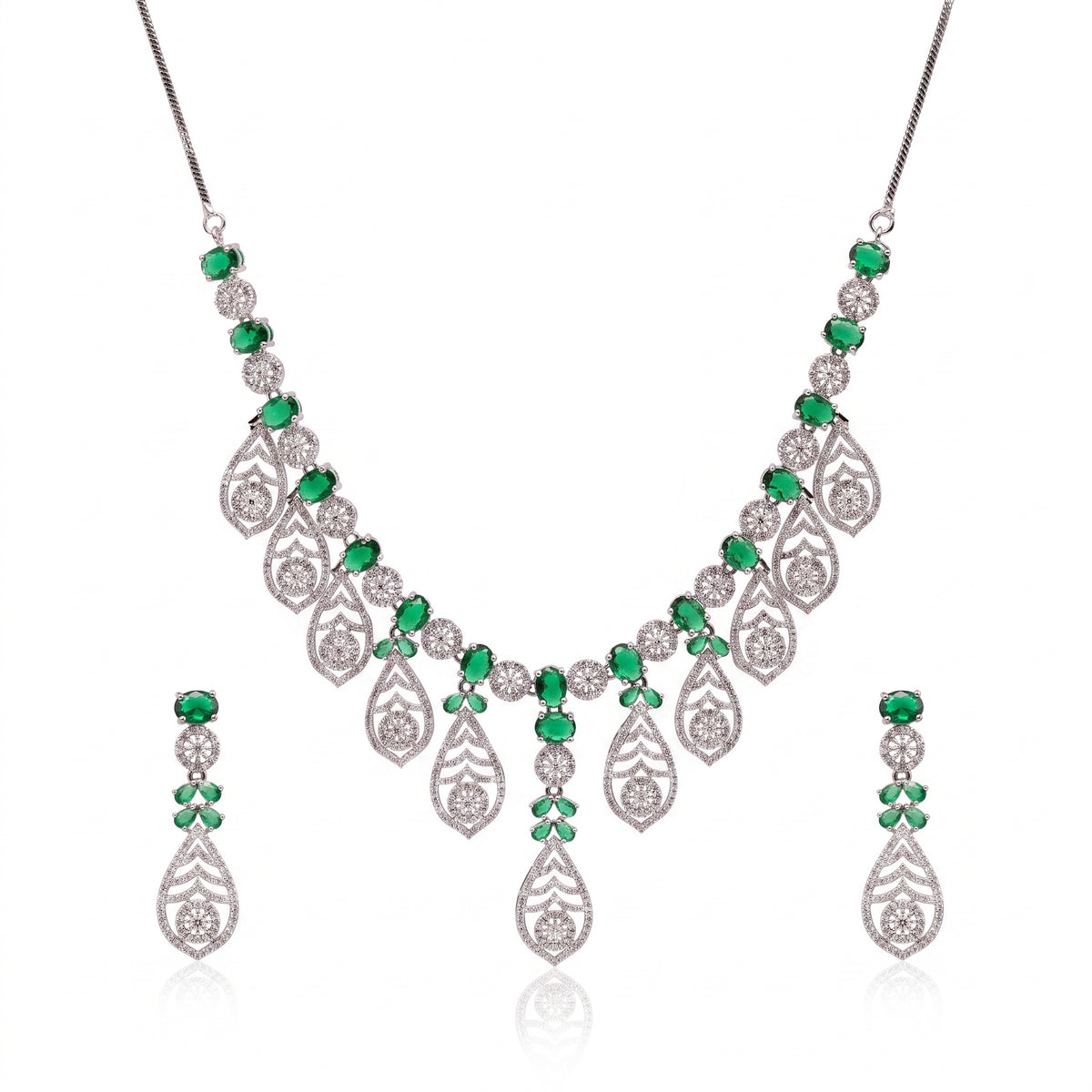 Emerald Royale – Premium Women’s Emerald Necklace & Earring Set in Silver Finish