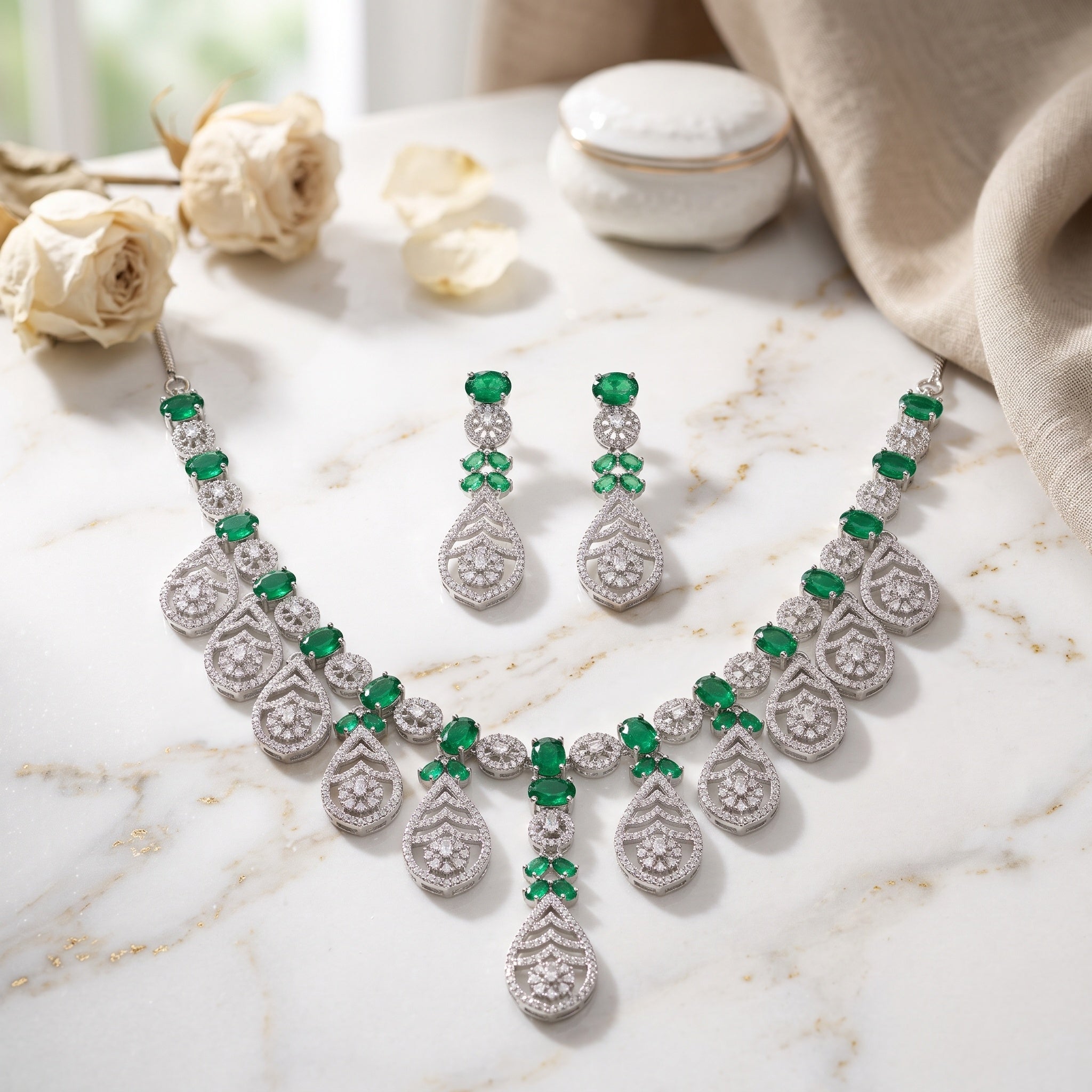 Emerald Royale – Premium Women’s Emerald Necklace & Earring Set in Silver Finish