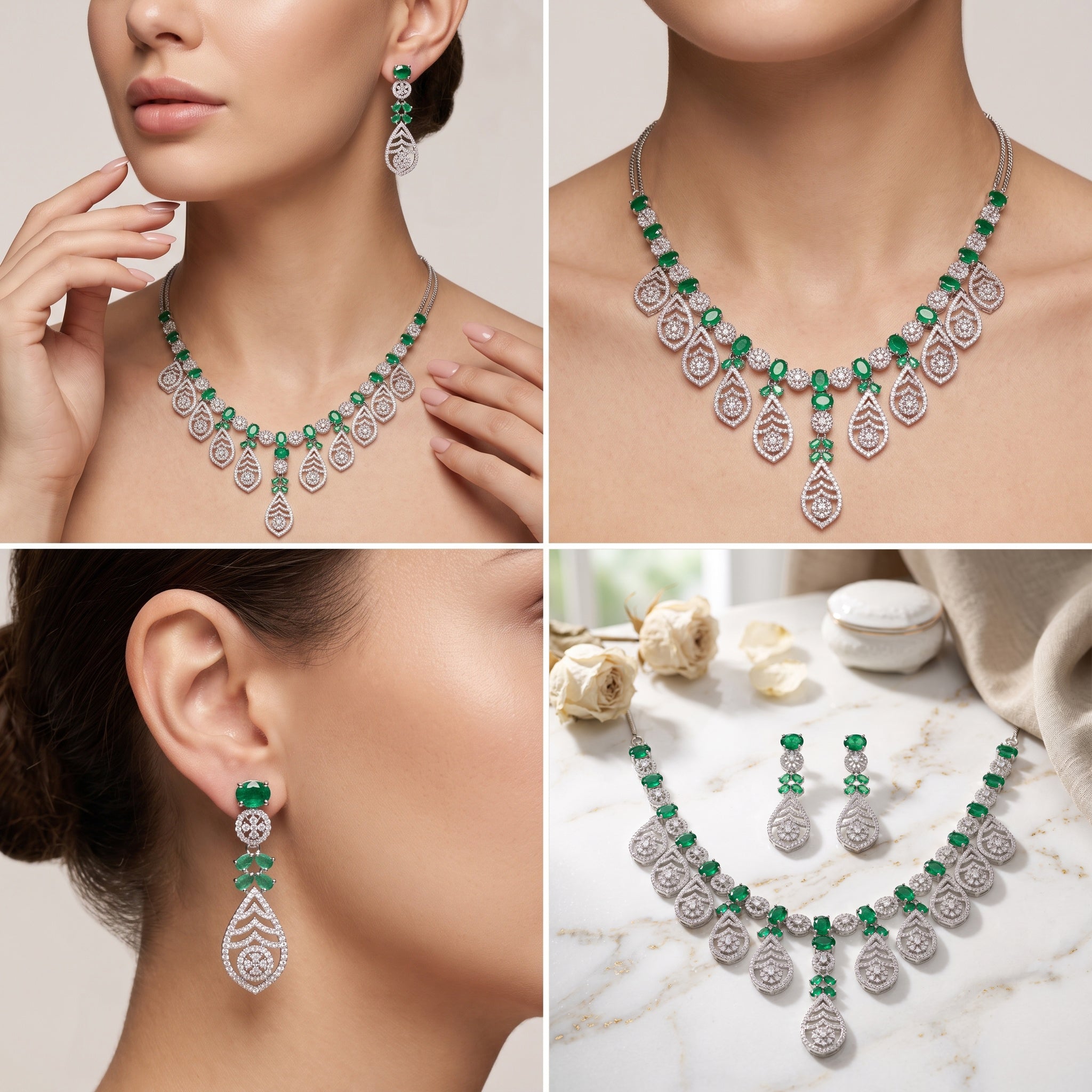 Emerald Royale – Premium Women’s Emerald Necklace & Earring Set in Silver Finish