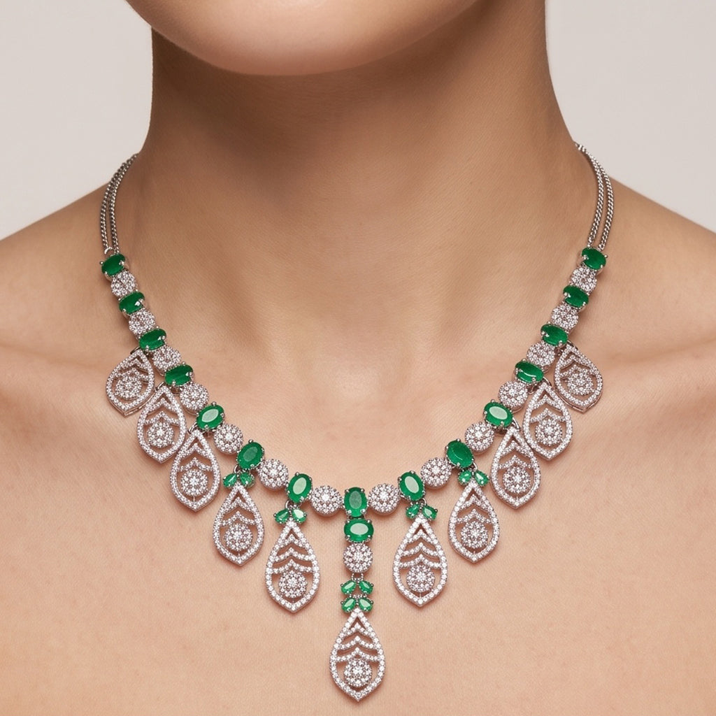 Emerald Royale – Premium Women’s Emerald Necklace & Earring Set in Silver Finish