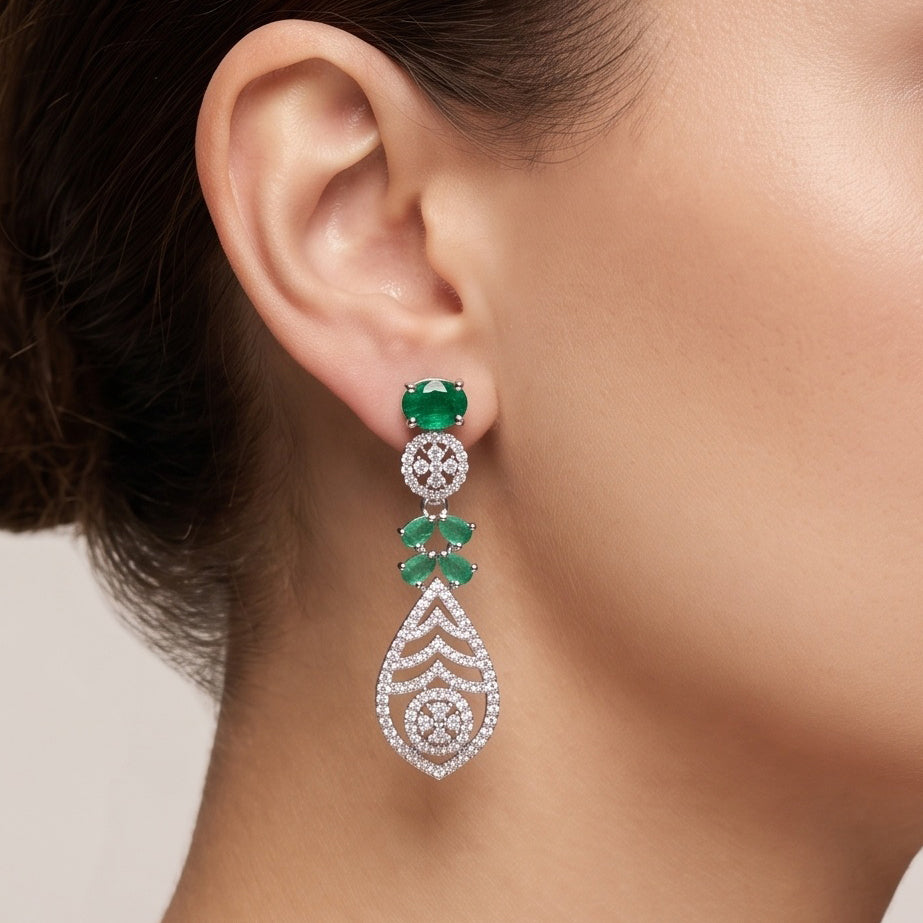 Emerald Royale – Premium Women’s Emerald Necklace & Earring Set in Silver Finish