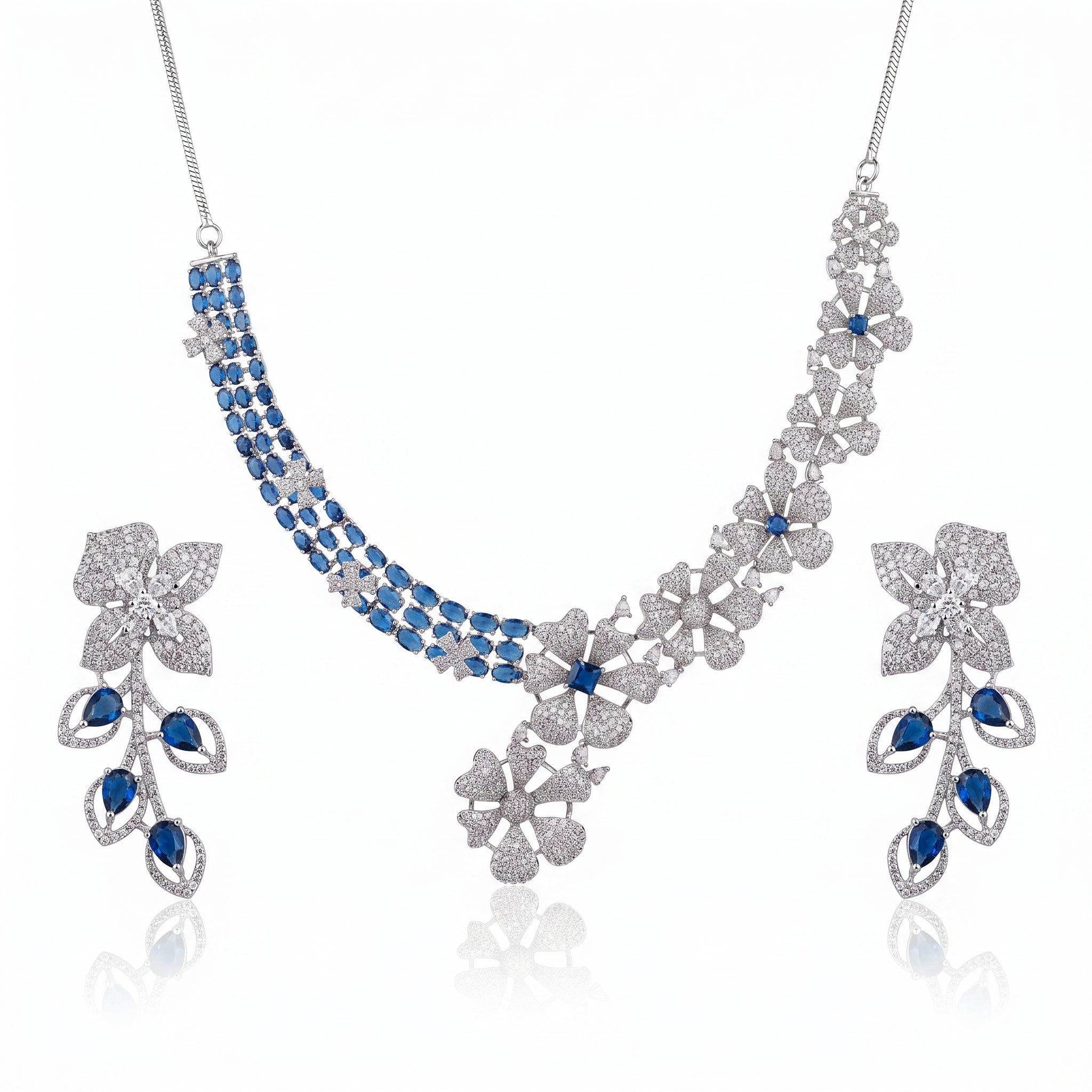 Sapphire Bloom – Premium Women’s Floral Necklace & Earring Set in Silver Finish