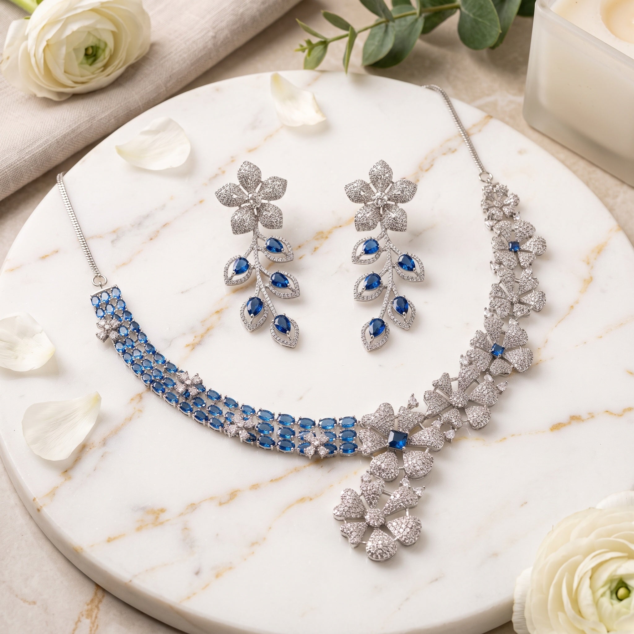 Sapphire Bloom – Premium Women’s Floral Necklace & Earring Set in Silver Finish