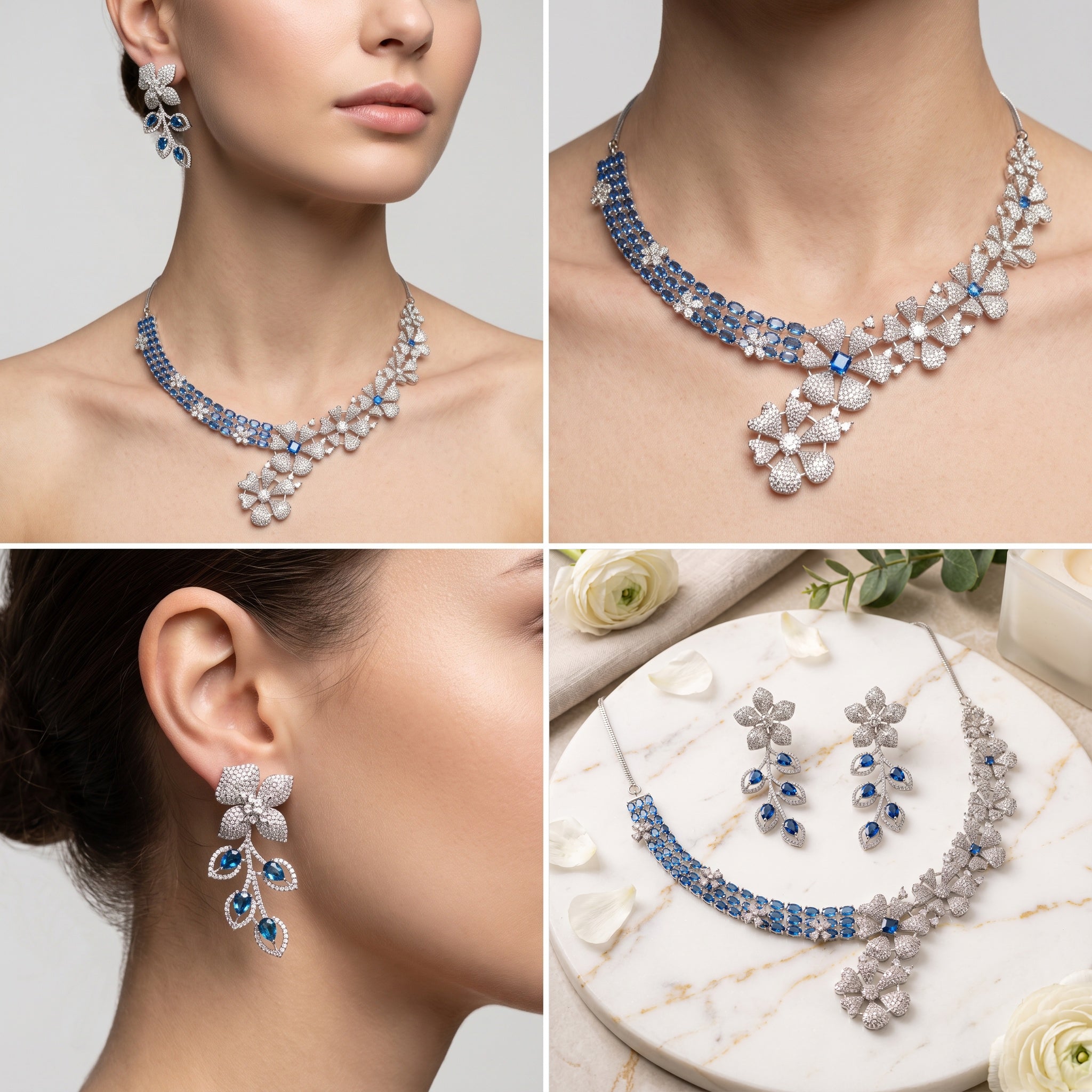 Sapphire Bloom – Premium Women’s Floral Necklace & Earring Set in Silver Finish