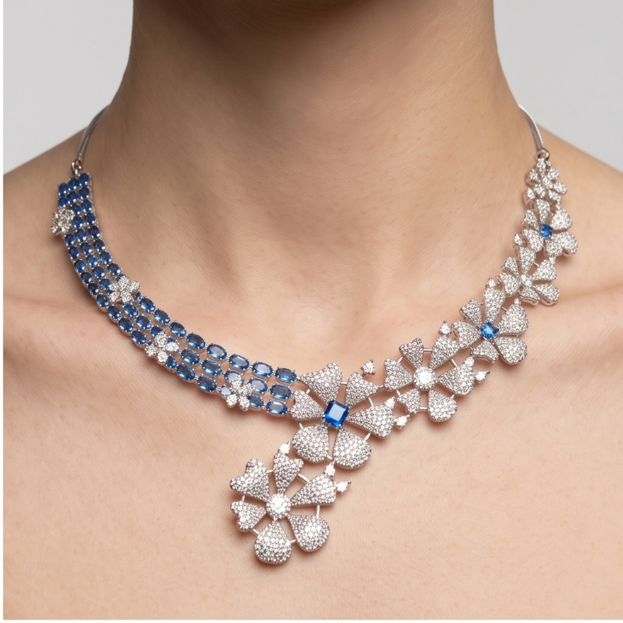 Sapphire Bloom – Premium Women’s Floral Necklace & Earring Set in Silver Finish