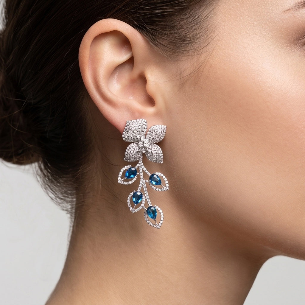 Sapphire Bloom – Premium Women’s Floral Necklace & Earring Set in Silver Finish