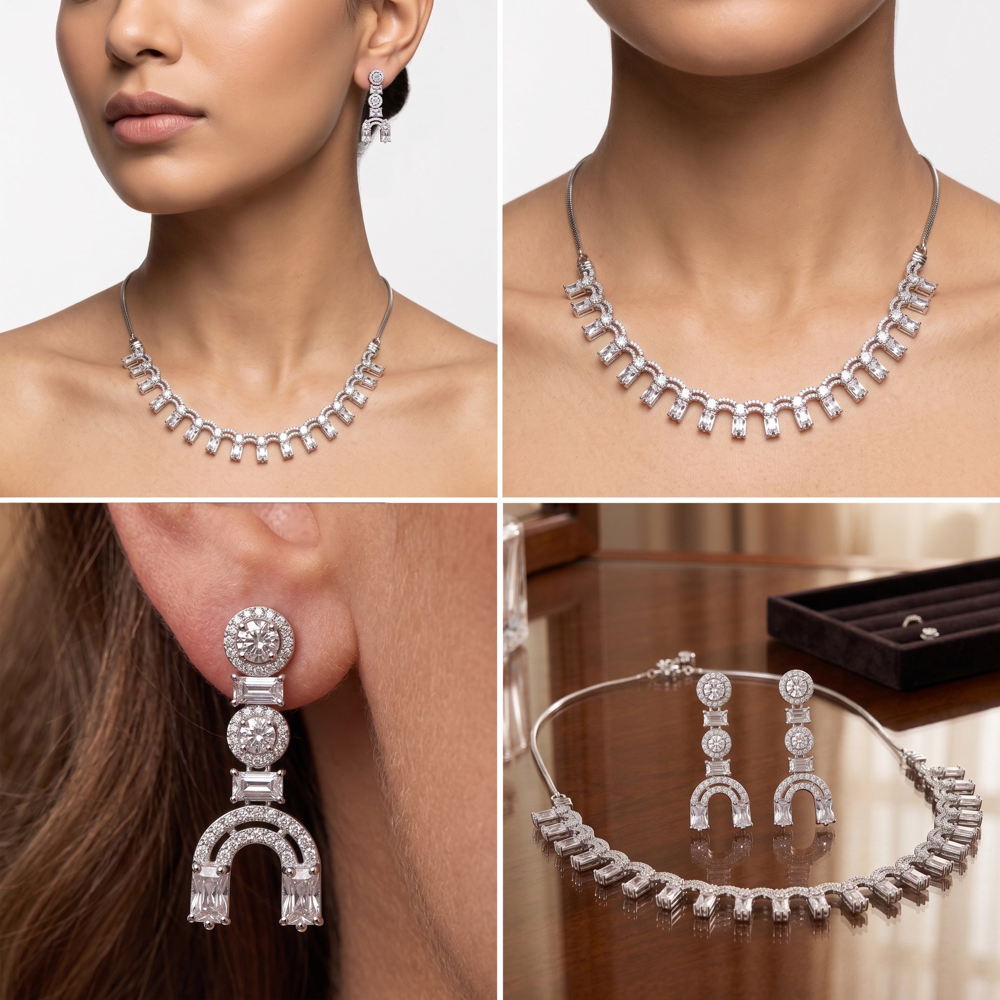 Luxe Arc – Premium Women’s Geometric Necklace & Earring Set in Silver Finish