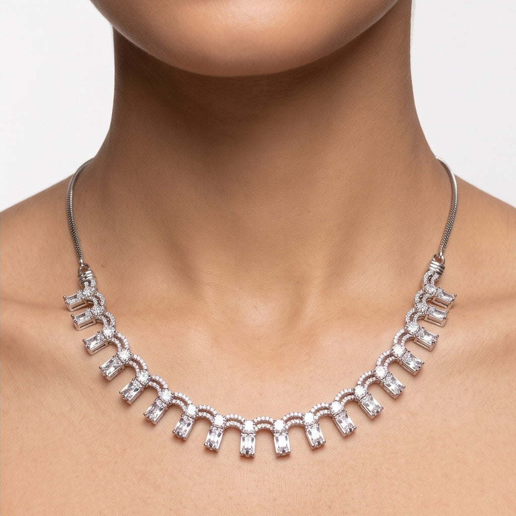 Luxe Arc – Premium Women’s Geometric Necklace & Earring Set in Silver Finish
