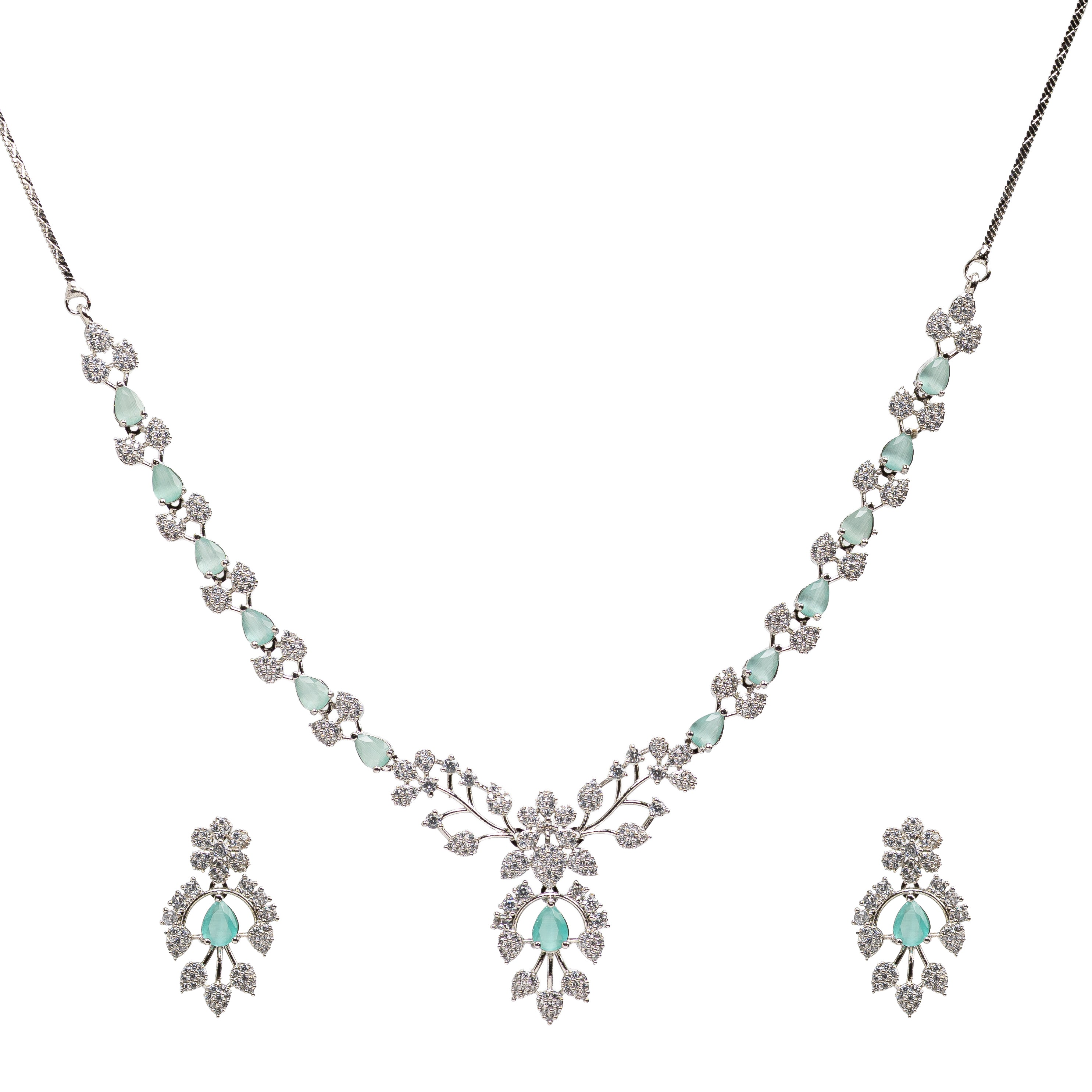 Mint Blossom – Premium Women’s Floral Necklace & Earring Set in Silver Finish