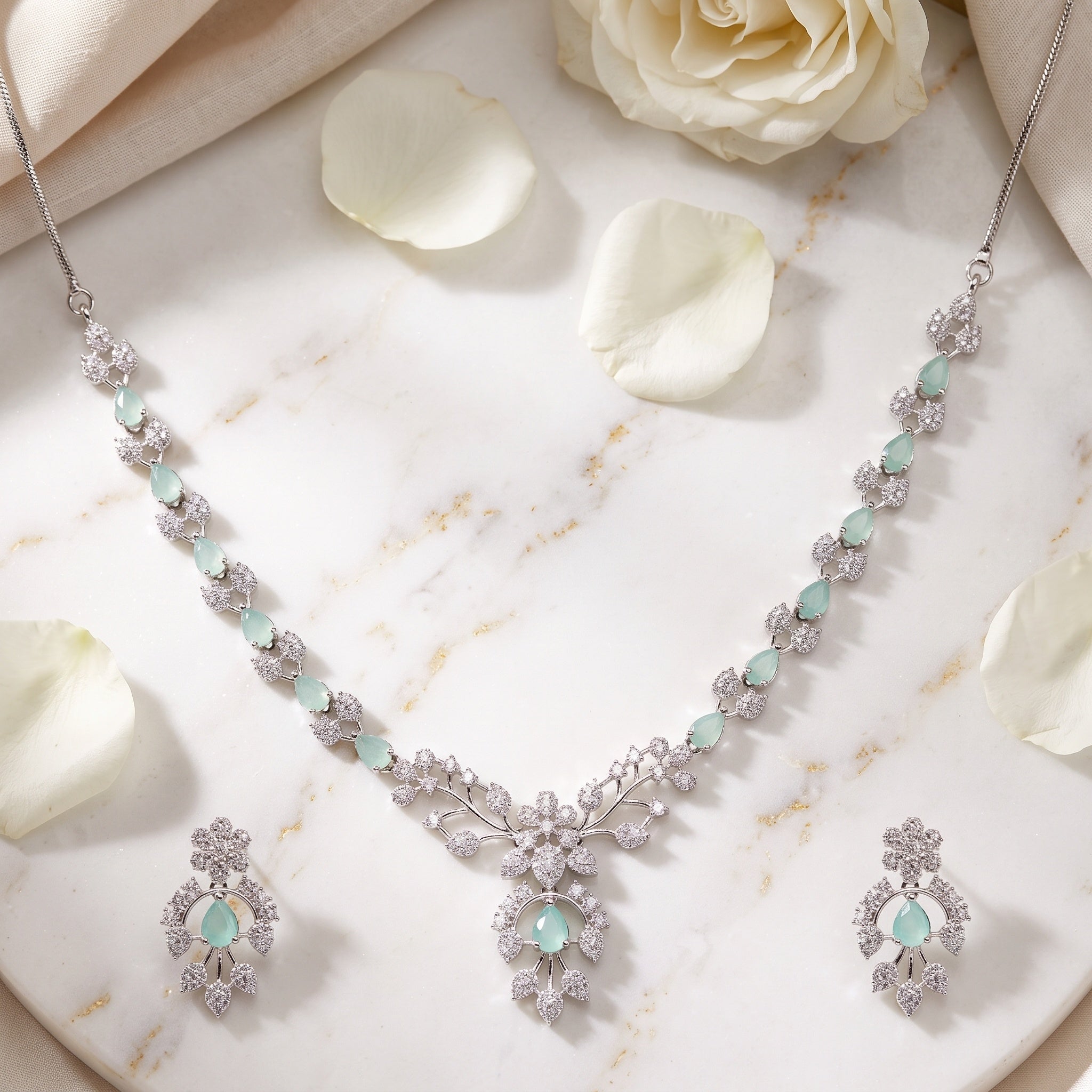 Mint Blossom – Premium Women’s Floral Necklace & Earring Set in Silver Finish