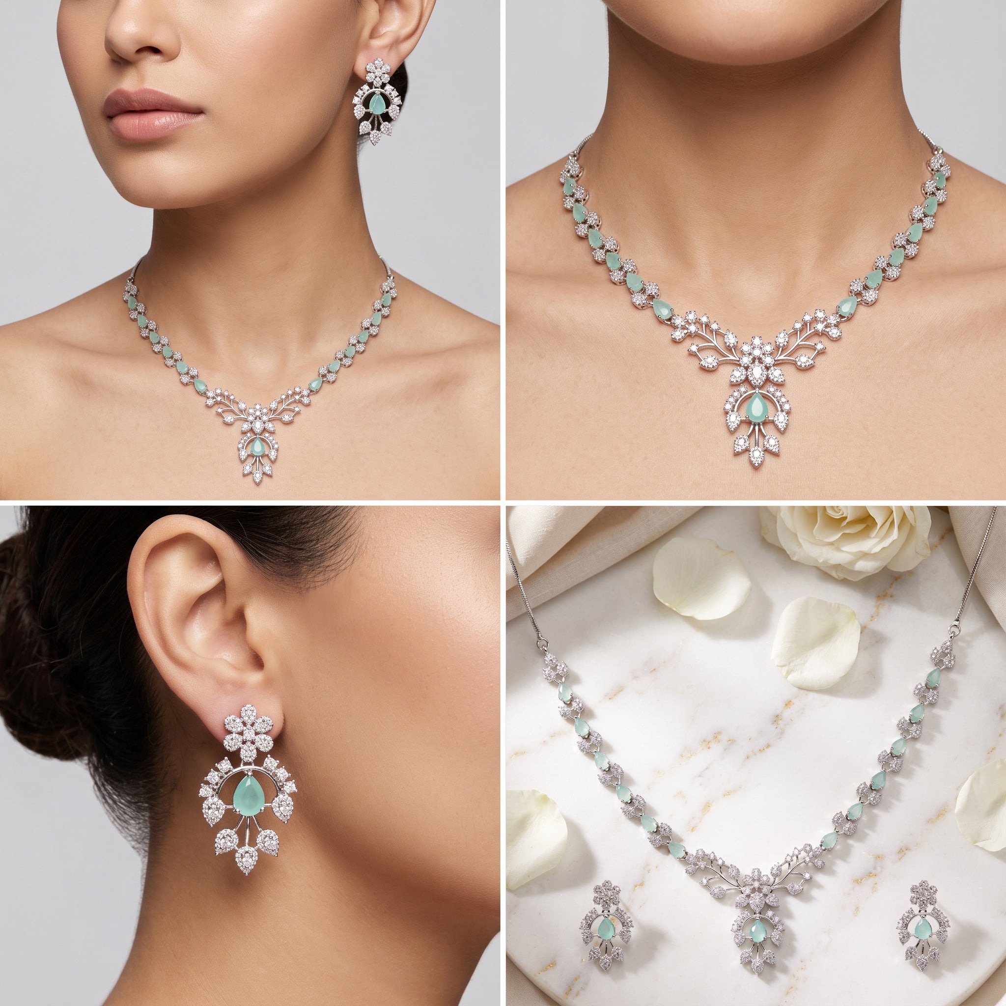Mint Blossom – Premium Women’s Floral Necklace & Earring Set in Silver Finish