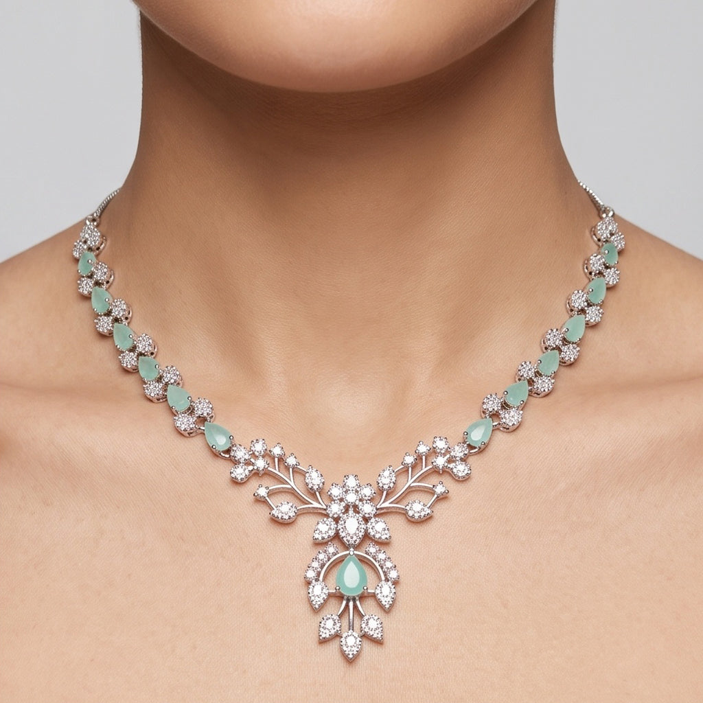 Mint Blossom – Premium Women’s Floral Necklace & Earring Set in Silver Finish