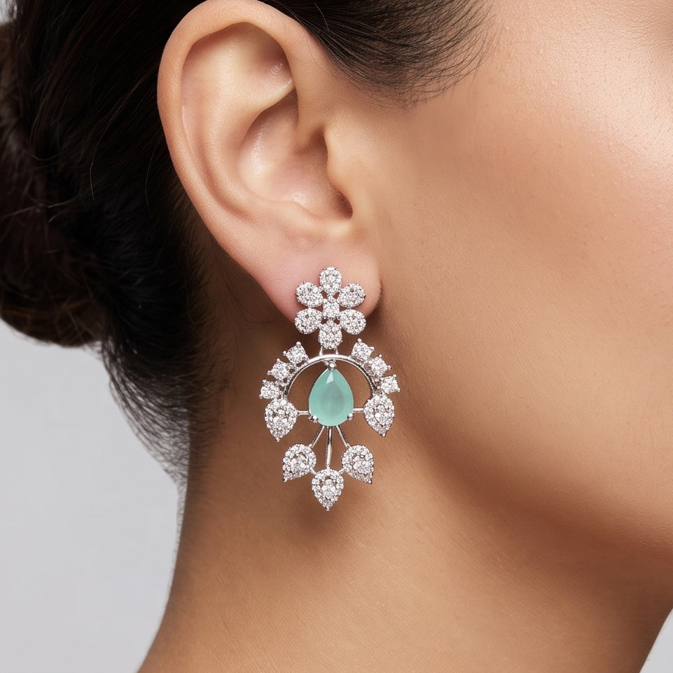 Mint Blossom – Premium Women’s Floral Necklace & Earring Set in Silver Finish