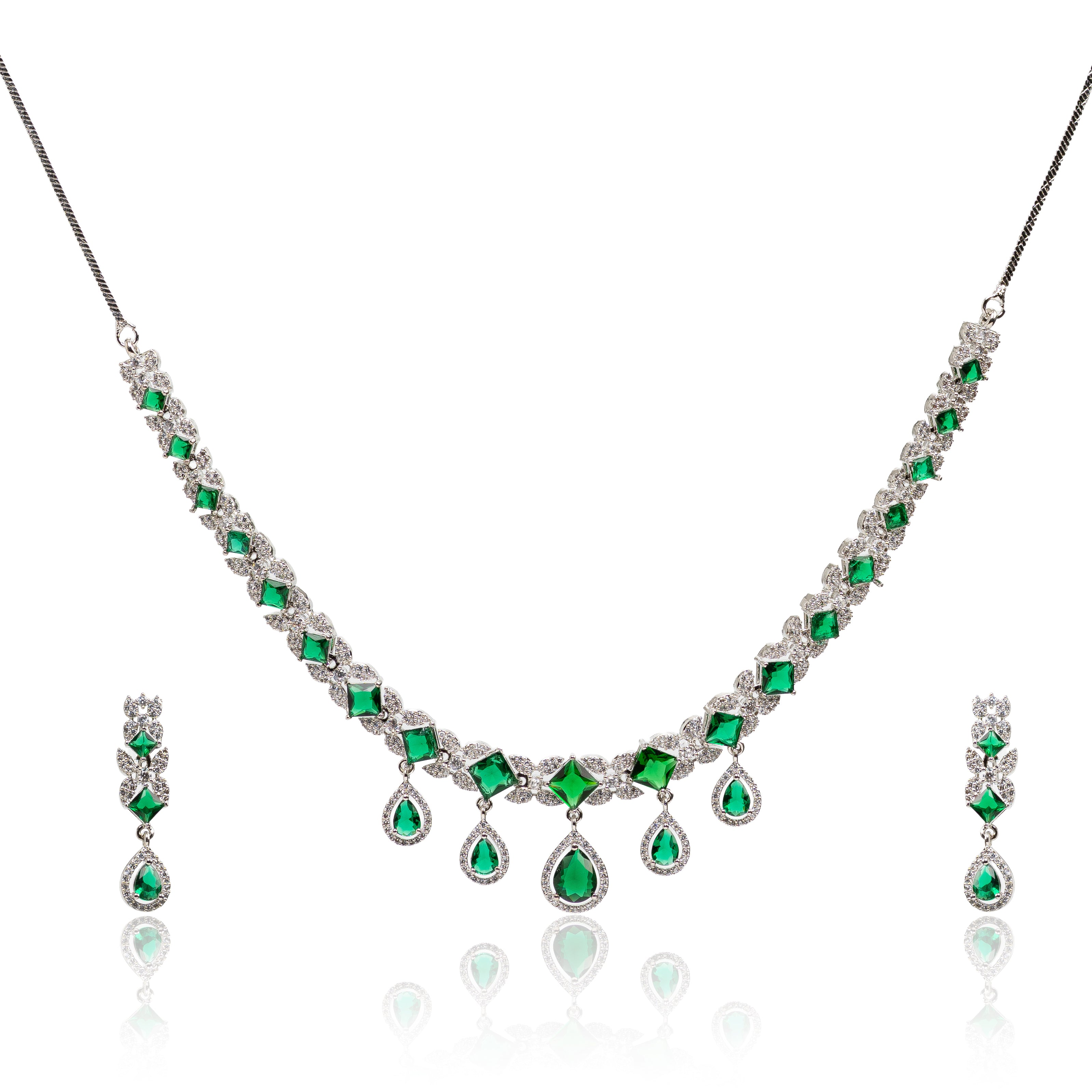 Emerald Cascade – Premium Women’s Geometric Necklace & Earring Set in Silver Finish