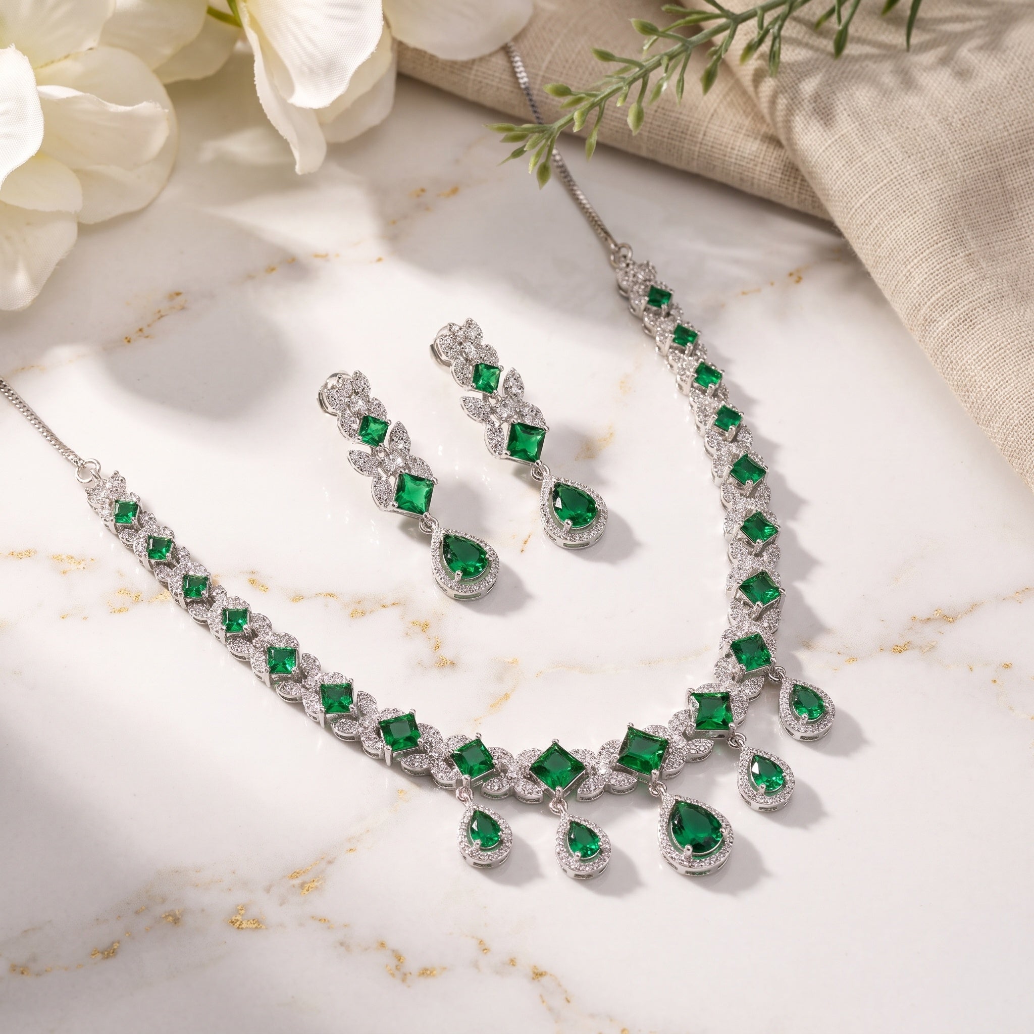 Emerald Cascade – Premium Women’s Geometric Necklace & Earring Set in Silver Finish