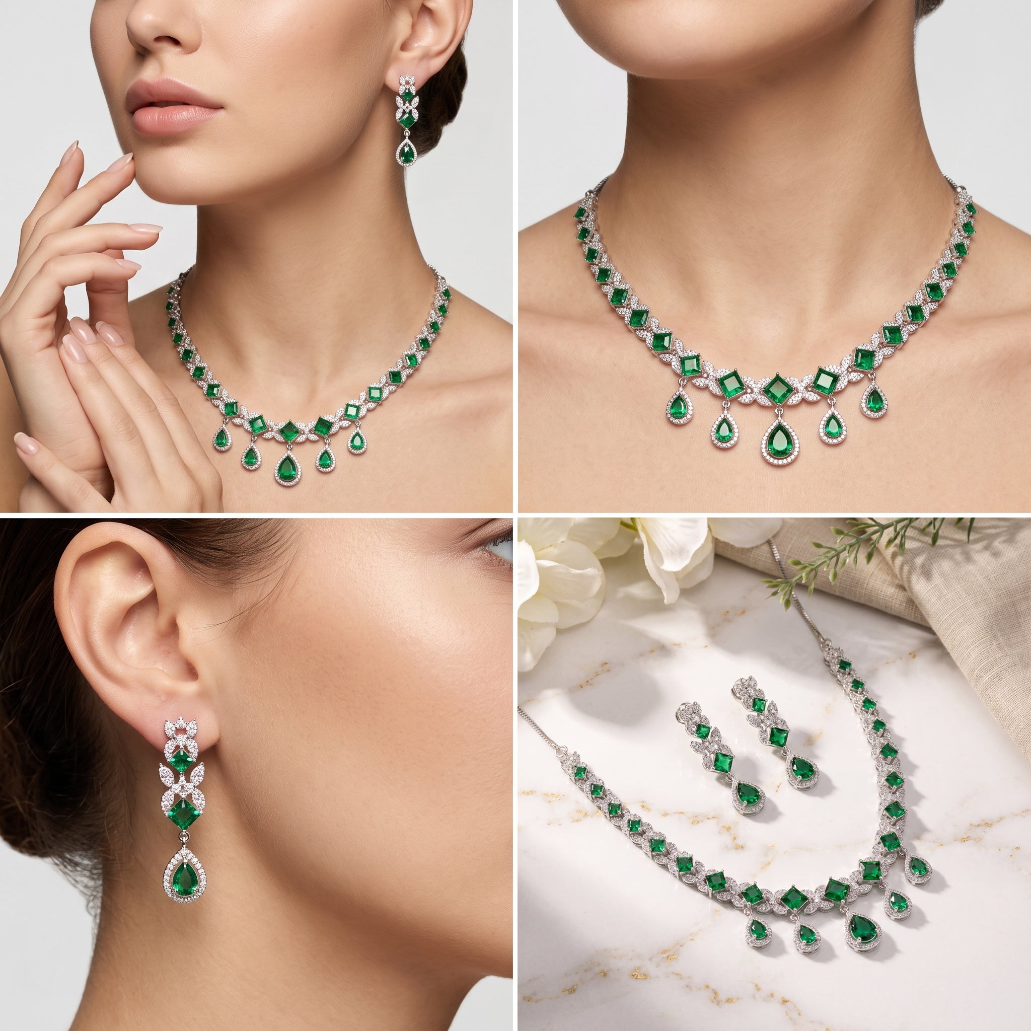 Emerald Cascade – Premium Women’s Geometric Necklace & Earring Set in Silver Finish
