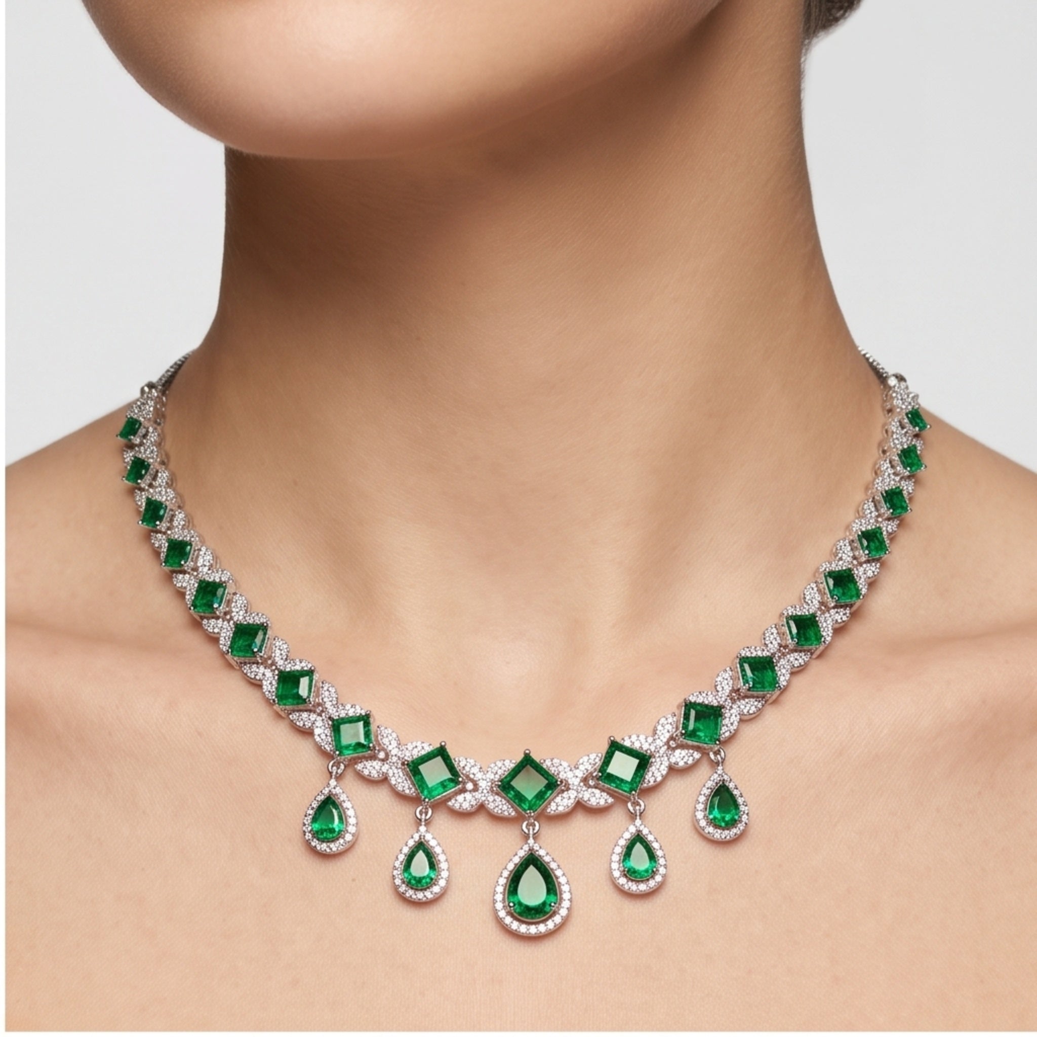 Emerald Cascade – Premium Women’s Geometric Necklace & Earring Set in Silver Finish