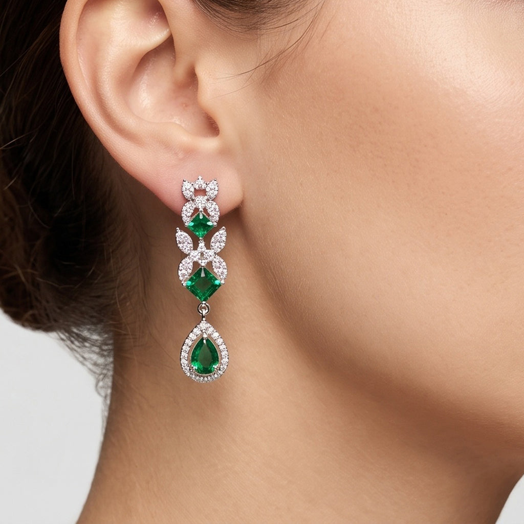 Emerald Cascade – Premium Women’s Geometric Necklace & Earring Set in Silver Finish
