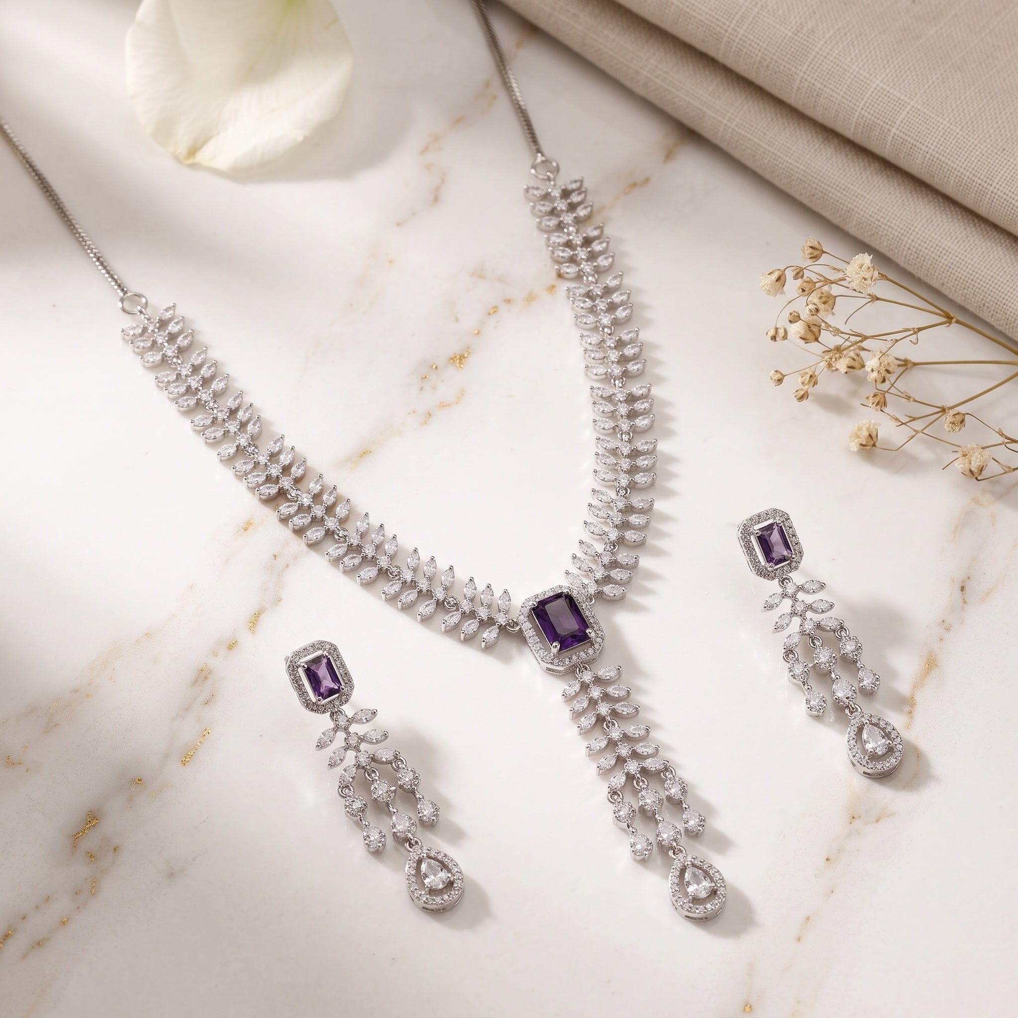 Amethyst Royale – Premium Women’s Y-Drop Necklace & Earring Set in Silver Finish