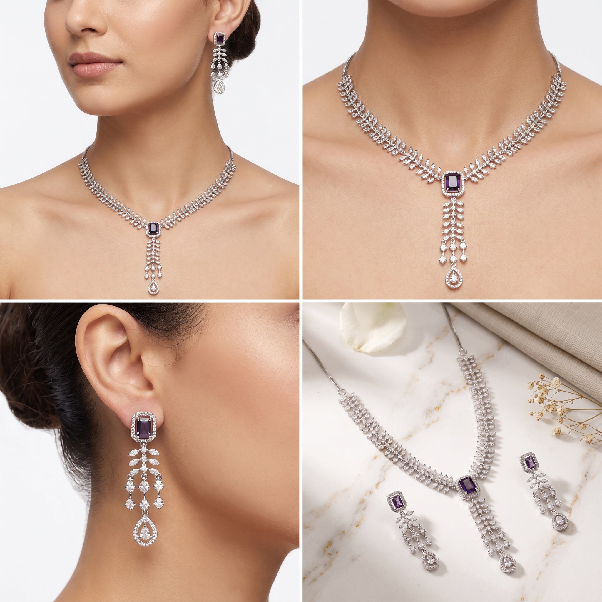 Amethyst Royale – Premium Women’s Y-Drop Necklace & Earring Set in Silver Finish