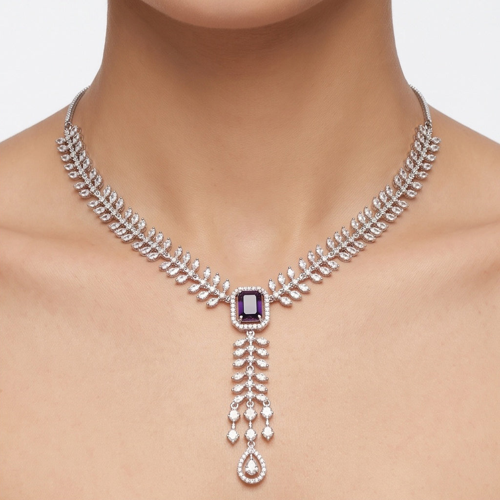 Amethyst Royale – Premium Women’s Y-Drop Necklace & Earring Set in Silver Finish
